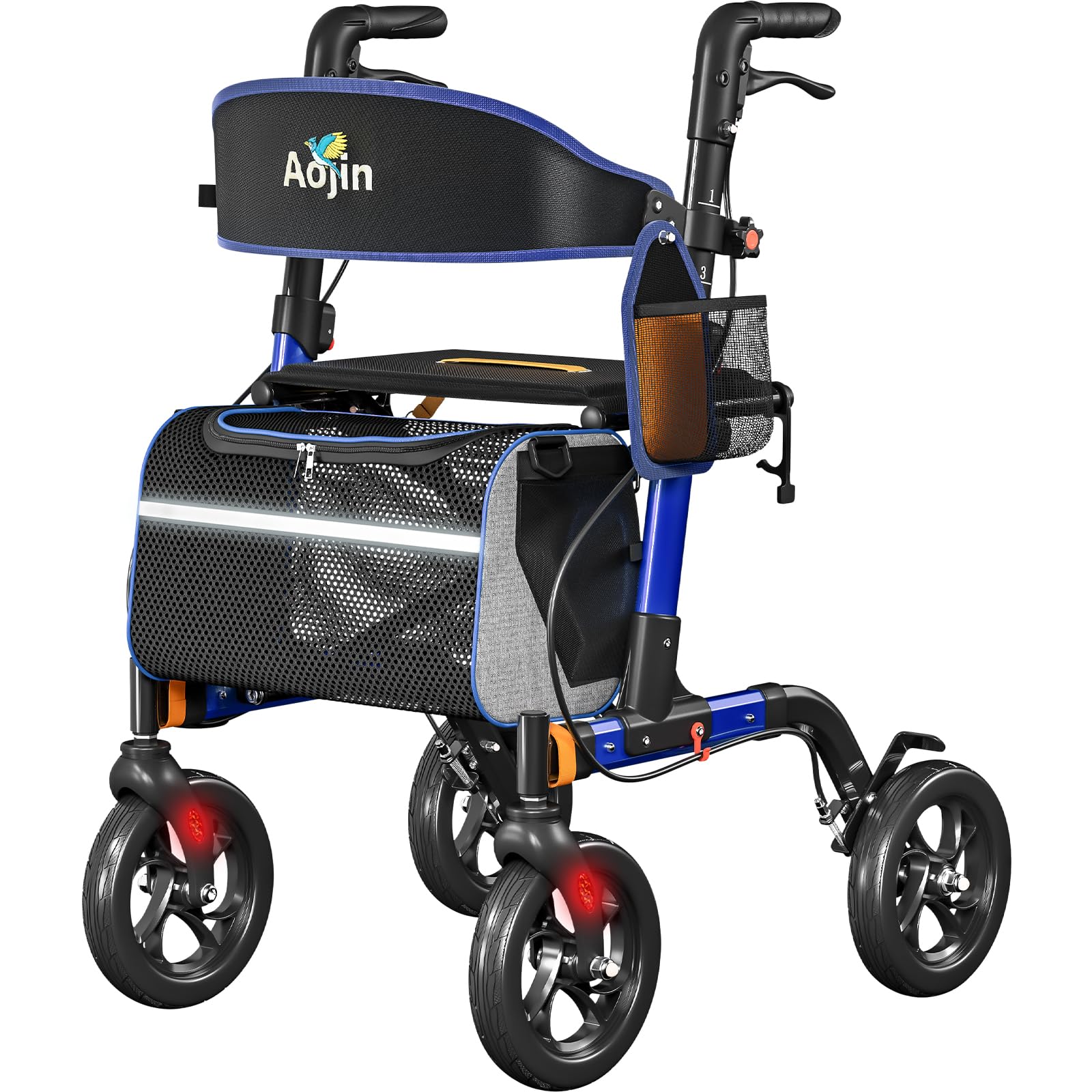 Aojin Andador Rollator Para Idosos Com Assento, Capacidade De Peso De 159 Kg, Assento Grande De 46 Cm, Rodas Todo-Terreno De 20 Cm, Altura Ajustável Em 6 Níveis, Estrutura Leve De Alumínio (Azul)