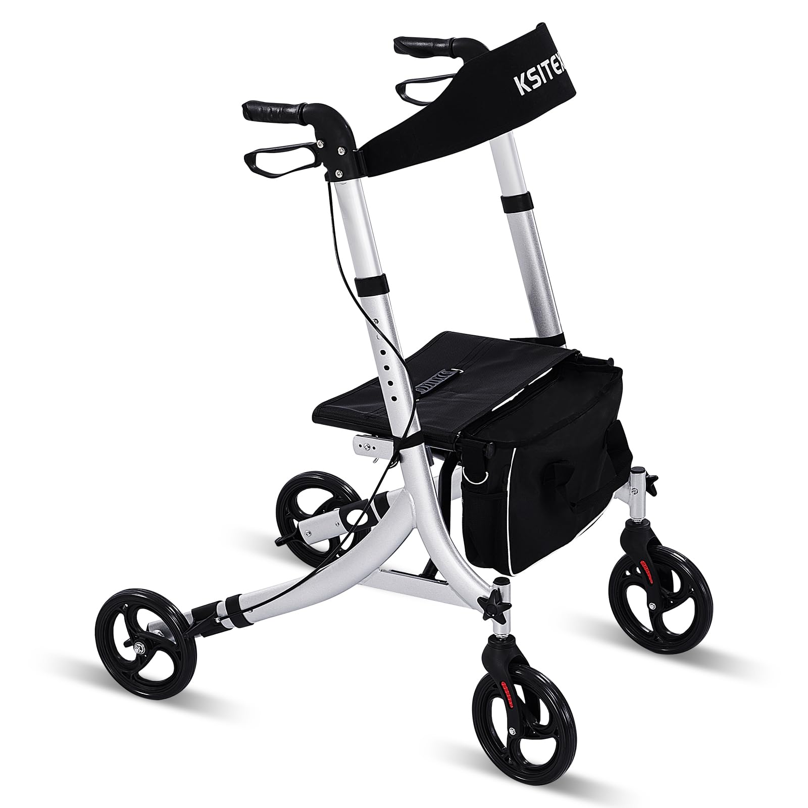 Andador Rollator Para Idosos, Andador Com Encosto, Suporta Até 136 Kg (300 Lbs), Auxílio De Caminhada Dobrável Com Assento E Freios, Andador De Alumínio Reforçado Com Alças Ajustáveis, Rodas