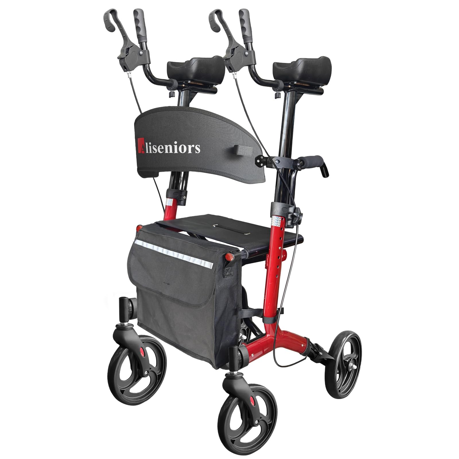 Aliseniors Andador Vertical Com Assento, Andador Dobrável De 4 Rodas, Andador Médico De Alumínio Para Idosos, Apoios De Braço Acolchoados Ajustáveis, Rodas De 8", Suporta Até 113 Kg, Vermelho