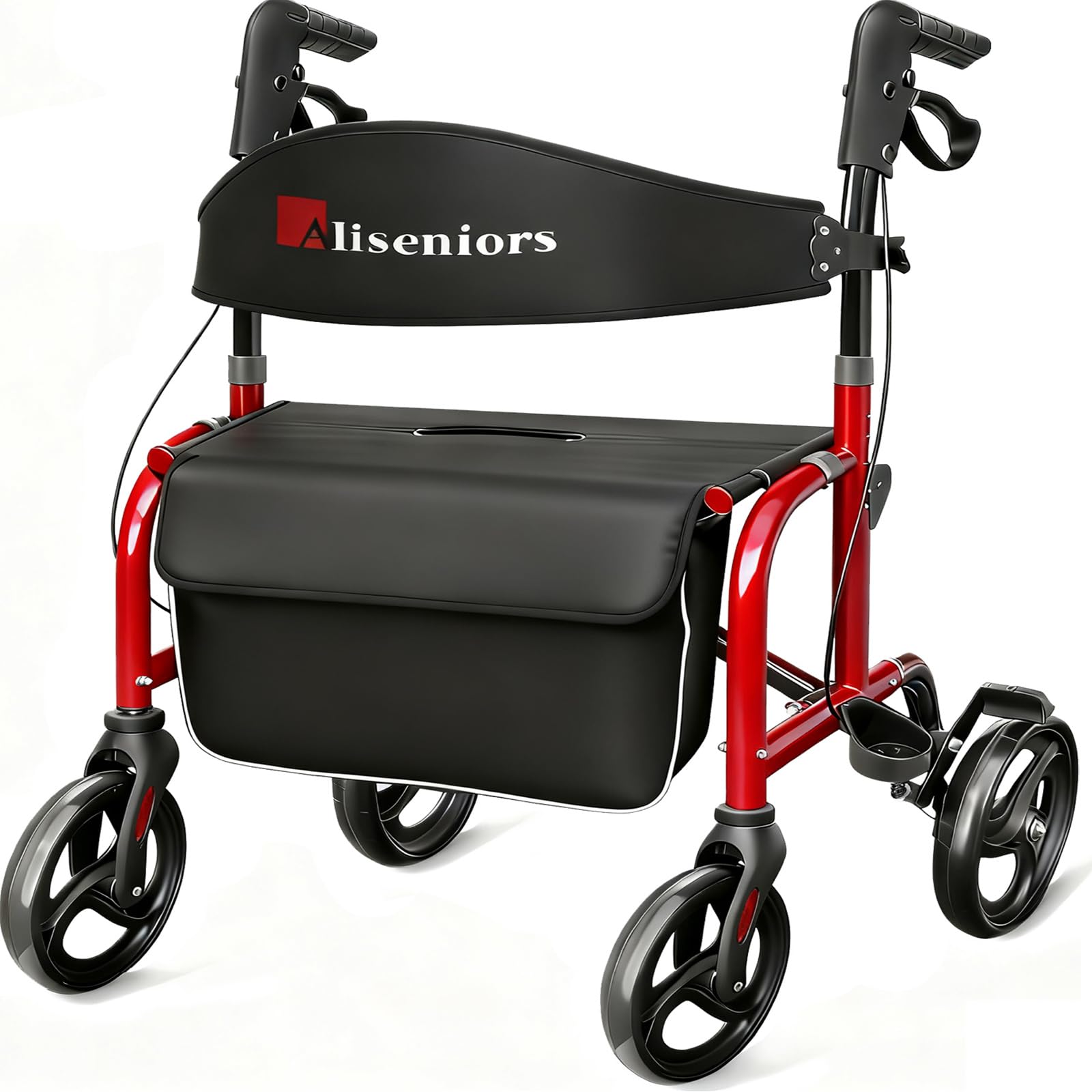 Aliseniors Andador Bariátrico Para Idosos, Andador Rollator Reforçado De 227 Kg Com Assento, Andador Extra Largo Com Encosto, Rodas Todo-Terreno De 20 Cm, Dobrável E Com Ajuste De Altura, Vermelho