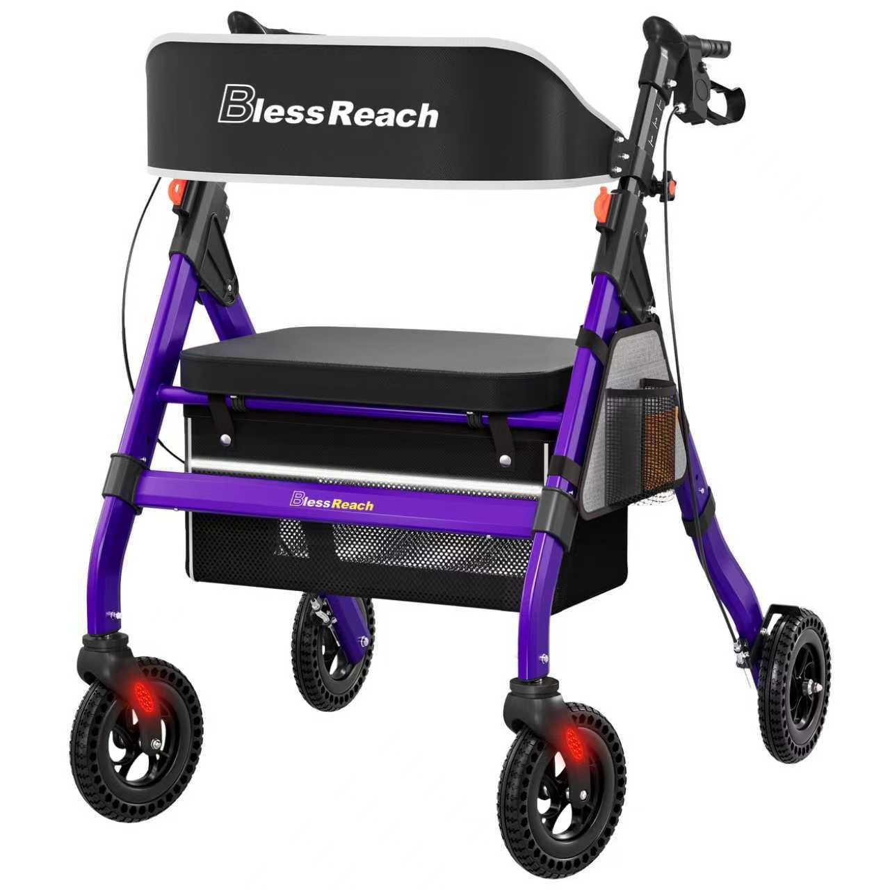 BlessReach Andador Rollator De Alumínio Reforçado Com Assento - Andador Rollator Dobrável Para Idosos, Capacidade De 204 Kg, Rodas De 20 Cm, Assento Grande De 46 Cm, Altura Ajustável Em 6 Posições
