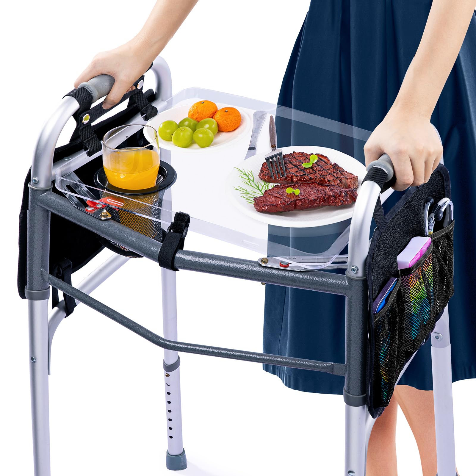 BAGSFY Bandeja Transparente Para Andador Com Porta-Copos E Bolsos Laterais, Mesa Dobrável Transparente Para Andador Para Idosos, Bandeja De Pp Resistente Com Capacidade De Carga De 4 Kg, Acessório