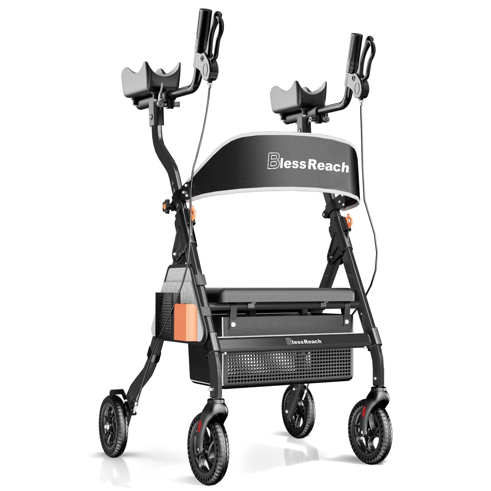 BlessReach Andador Rollator Vertical Reforçado Idosos Com Assento, Capacidade 204 Kg, Rodas Todo-Terreno 20 Cm, 6 Ajustes Altura, Assento E Encosto Acolchoados, Fácil Montagem, Design Dobrável, Preto