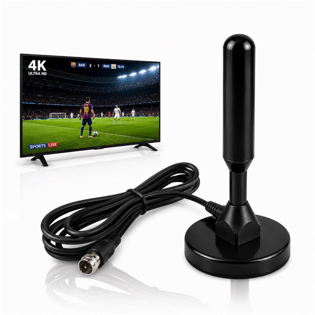 Antena Digital Interna e Externa para TV Sinal HD UHD Cabo 5m Base Magnética Compatível com Todas TVs Alta Captação de Sinal Preto