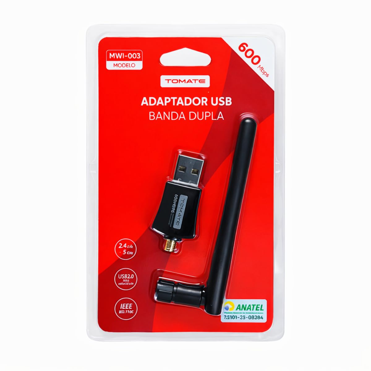 Adaptador WiFi USB Dual Band 600Mbps 2.4GHz + 5GHz com Antena Externa Receptor Wireless para PC e Notebook Compatível com Windows Linux Mac, Alta Velocidade e alcance - Tomate