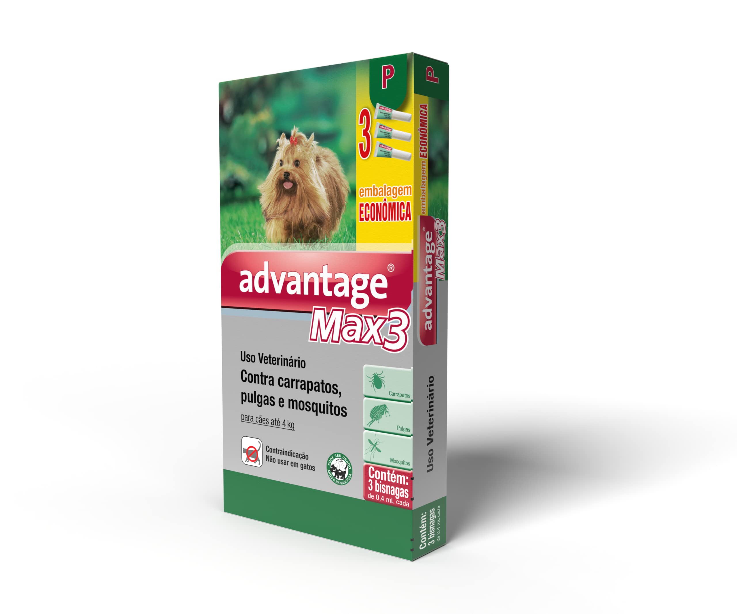 Antipulgas Advantage Max3 Bayer para Cães de até 4kg - 3 Bisnagas de 0,4ml