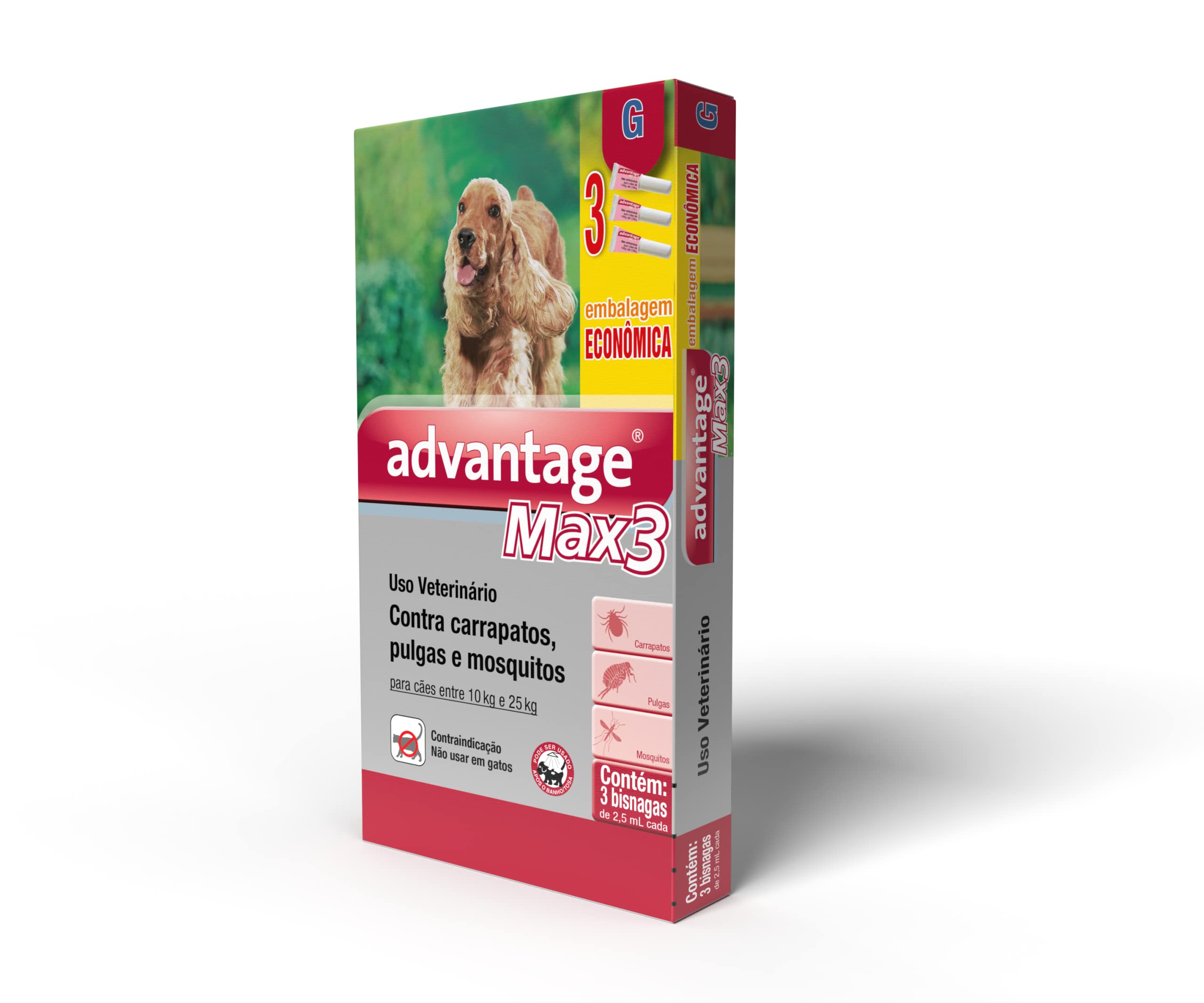 Advantage Max 3 Antipulgas Advantage Max3 Bayer para Cães de 10kg até 25kg - 3 Bisnagas de 2,5ml (Embalagem pode variar)