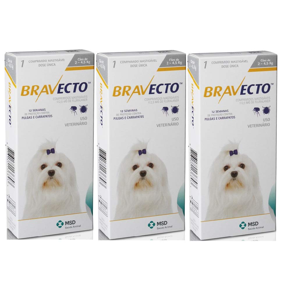 Antipulgas E Carrapatos Bravecto MSD 1112,5mg Para Cães De 2kg A 4,5kg - Combo Com 03 Unidades