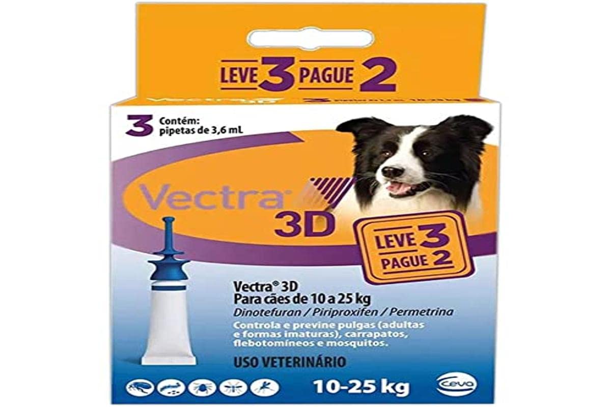 Ceva - Vectra 3D Antipulgas para Cães 10 a 25kg - 3 Pipetas de 3,6ml - Leve 3 Pague 2