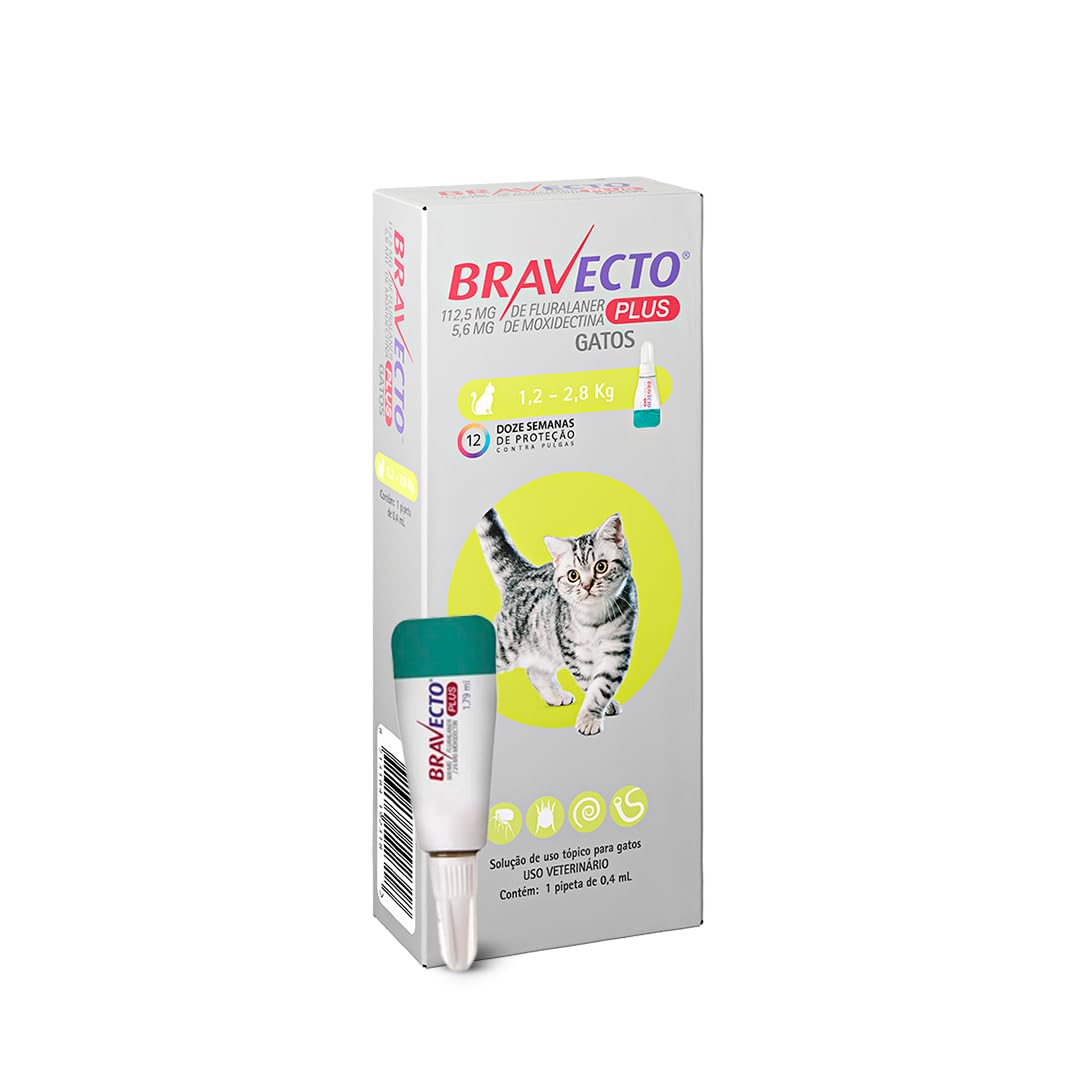 Bravecto® Plus Gatos Transdermal112,5mg - Antipulgas, Sarna de ouvido, Vermes intestinais - Gatos de 1,2 a 2,8kg - 1 Pipeta 0,4ml - MSD Saúde Animal