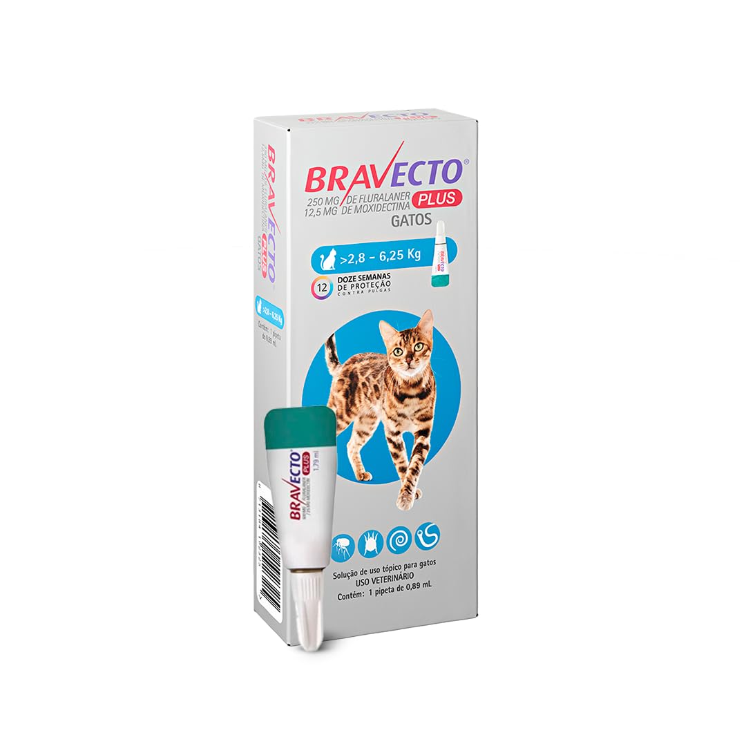 Bravecto® Plus Gatos Transdermal 250mg - Antipulgas, Sarna de ouvido, Vermes intestinais - Gatos de 2,8 a 6,25kg - 1 Pipeta 0,89ml - MSD Saúde Animal | Antipulgas, Sarna de ouvido, Vermes intestinais, MSD Saúde Animal
