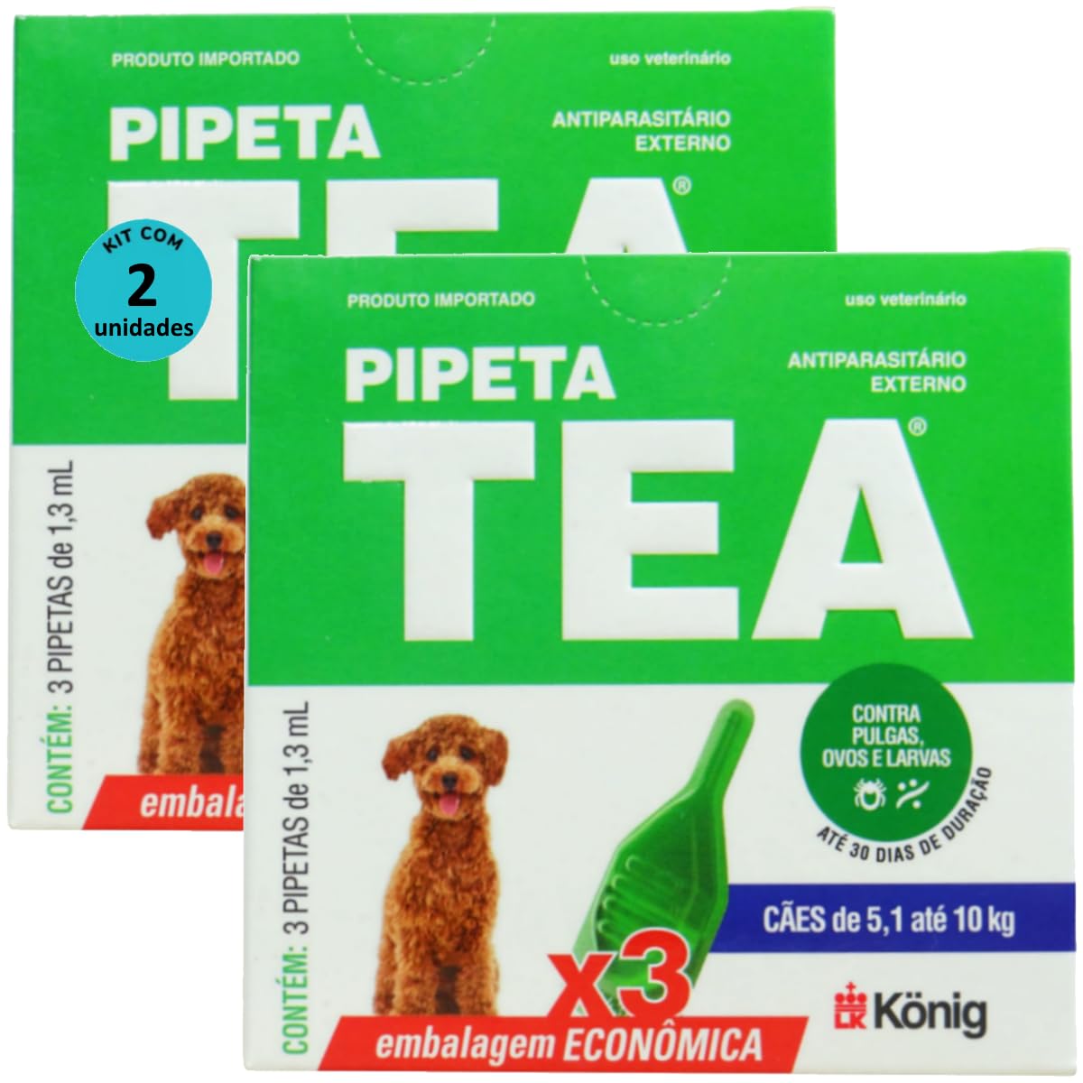 Pipeta Tea 1,3 ml Antiparasitário Contra Pulgas P/Cães de 5,1 até 10 Kg C/ 3 unid. Kit C/ 2 Cxs