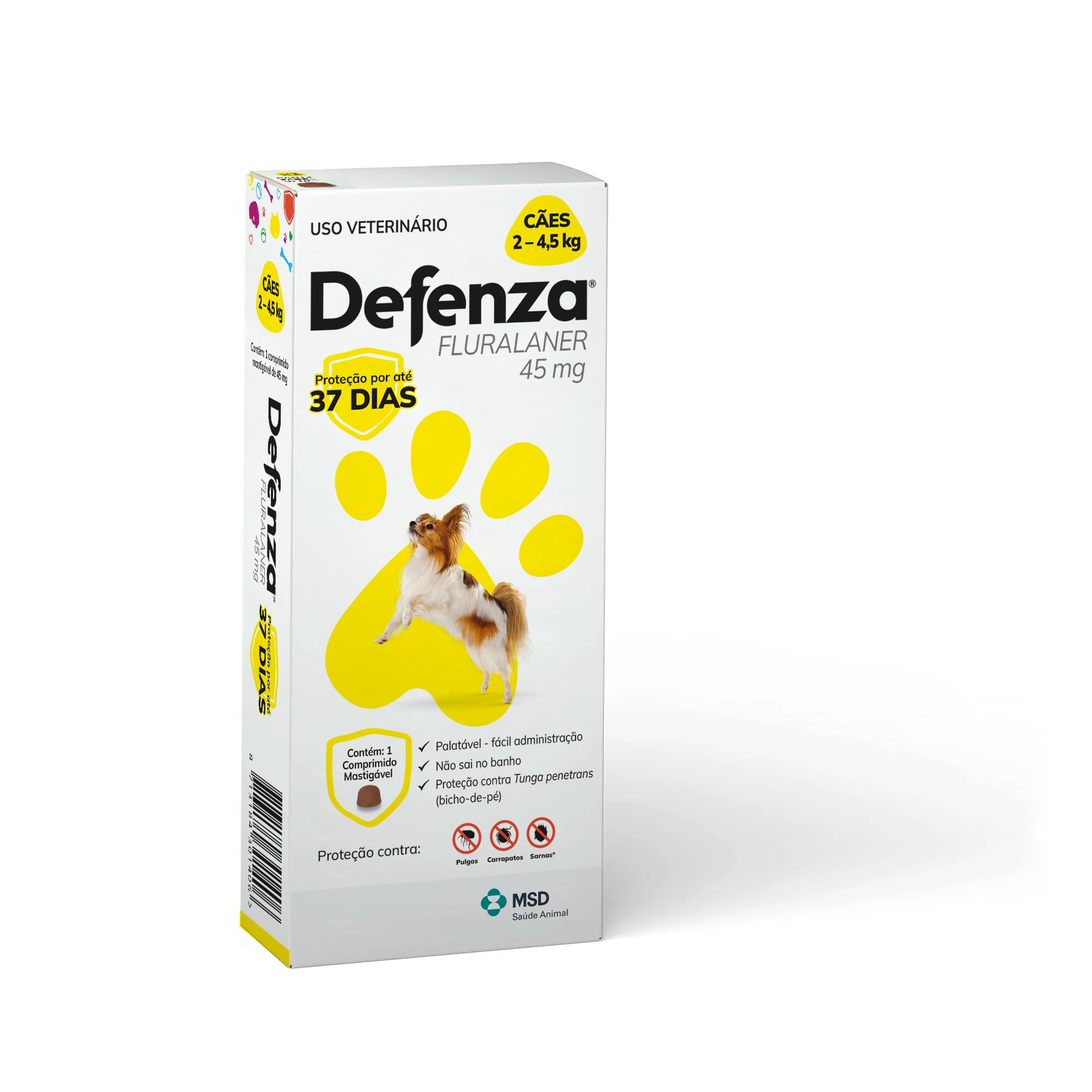 Defenza® 45mg Antipulgas Cães 2 a 4,5kg 1 Comp. Mastigável | Bicho-de-Pé, Carrapatos, Sarnas, MSD Saúde Animal