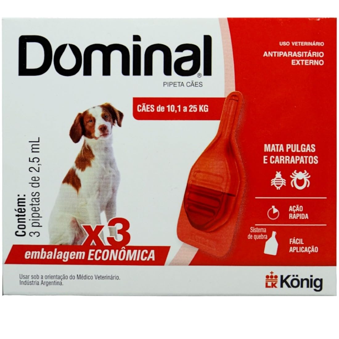Pipeta dominal para cães de 10,1 a 25kg. Antipulgas e carrapatos. 3 unidades. König