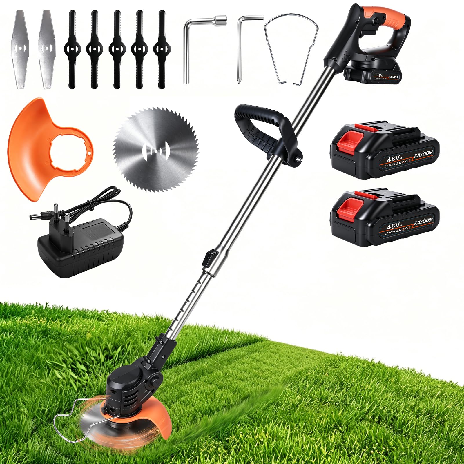 Trailabo 3 em 1 Cortador de Grama Elétrico Sem Fio, Roçadeira, 20.000RPM, 2 Baterias de 48 V, 3 Tipos de Lâminas, Lâmina de 150 mm de Diâmetro, Leve e Fácil de Operar