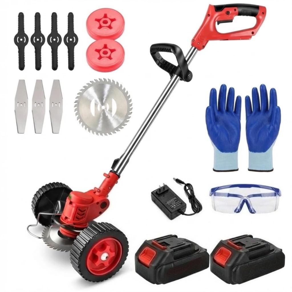 Genérico Fonte de alimentação AC Roçadeira Aparador Cortador de Grama Elétrico Recarregável com Rodas, Kit Completo com 2 Baterias de Lítio (48V)