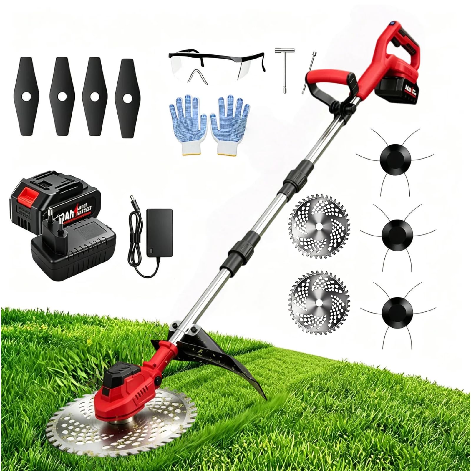 Vie idéale Roçadeira Elétrica a Bateria 1500W 25000RPM, Cortador de Grama Leve 2kg com Display LED, Haste Ajustável 120cm e 3 Tipos de Lâminas