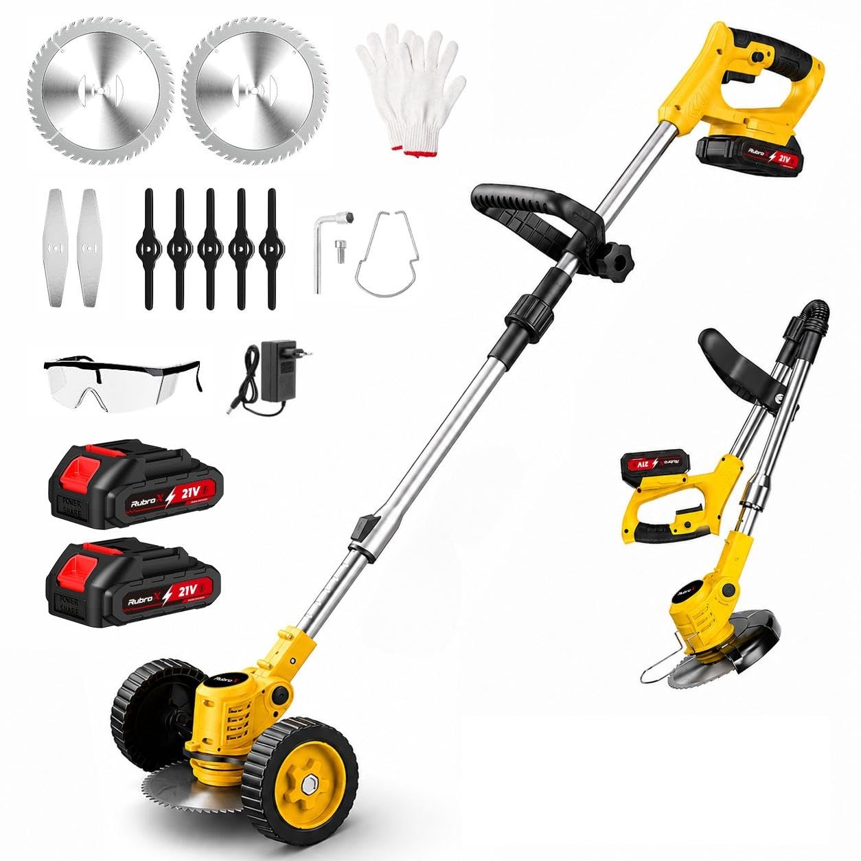 RubroX Roçadeira a Bateria Cortador de Grama 21V 3600mAh, Motor Cobre 20000RPM, Kit 4 Lâminas