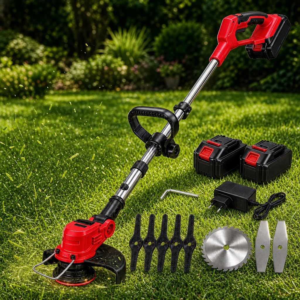 Roçadeira Elétrica Profissional Sem Fio 21V Aparador de Grama Cortador de Grama a Bateria de Lítio Portátil Cabeça Giratória 360° Alça Extensível 91 a 125cm- JadeVic