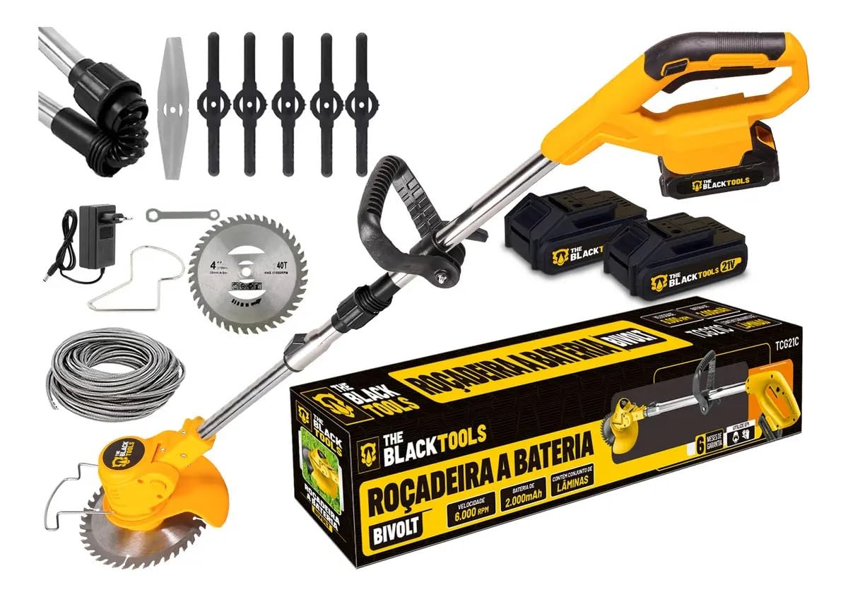 Roçadeira Aparador Grama 2 Baterias Recarregável 21v 750w Profissional BIVOLT com Acessórios The Black Tools TCG21C-2B