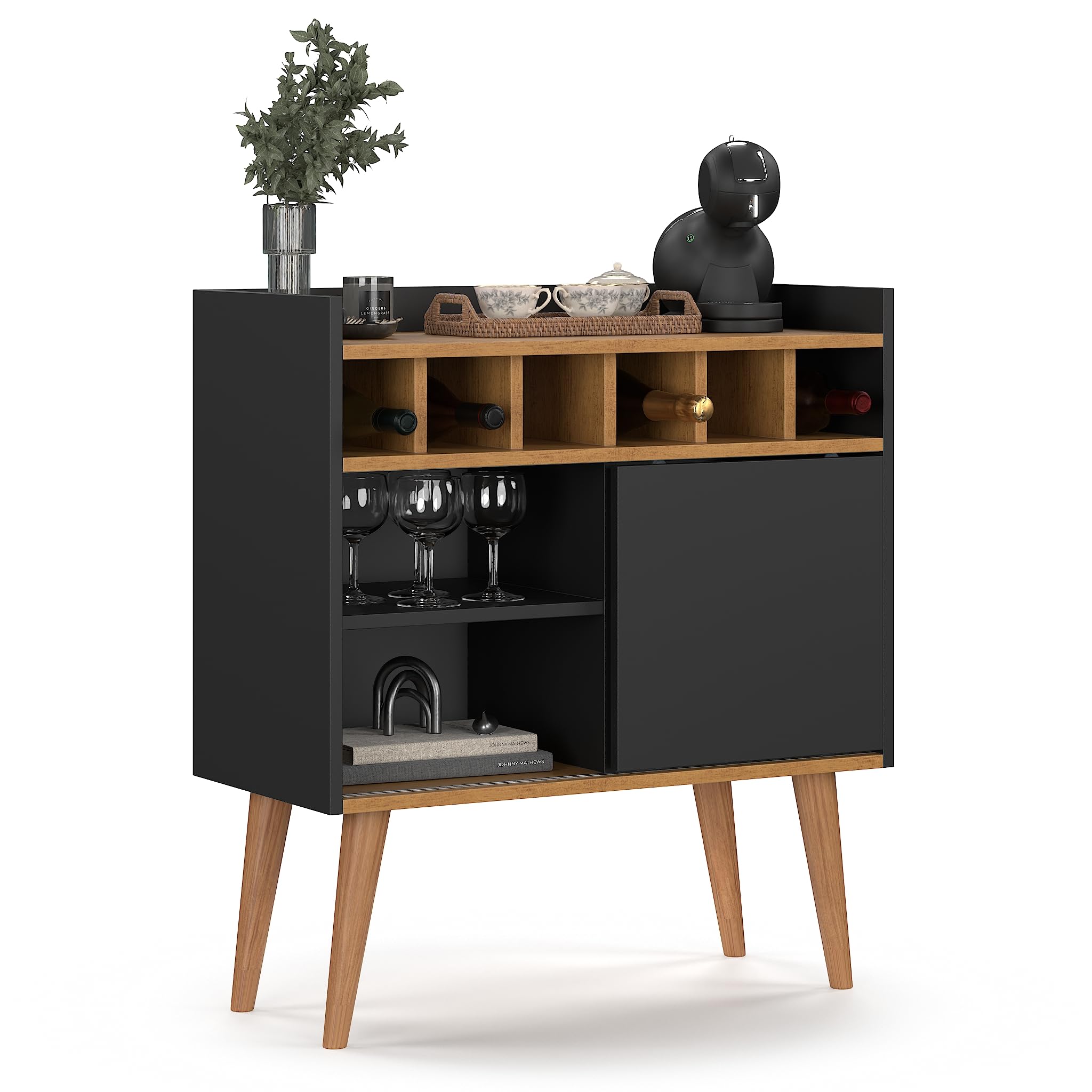 Aparador Retro Florença Adega Com Porta Nicho Prateleira Pés Madeira - Quality Móveis (Preto/Nature)