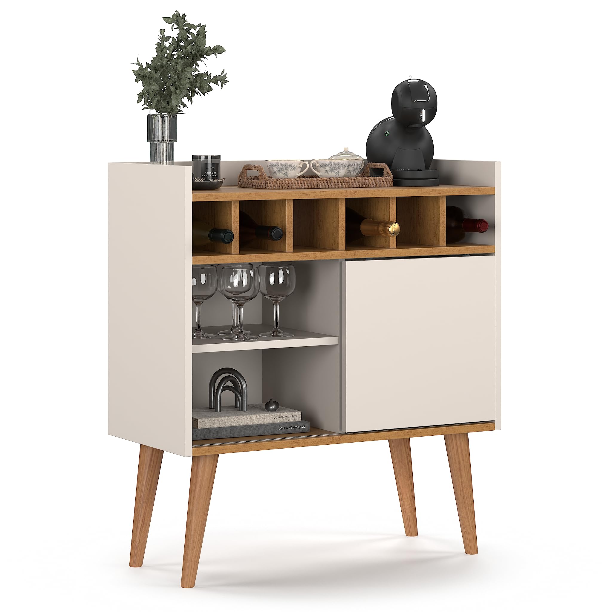 Aparador Retro Florença Adega Com Porta Nicho Prateleira Pés Madeira - Quality Móveis (OffWhite/Nature)