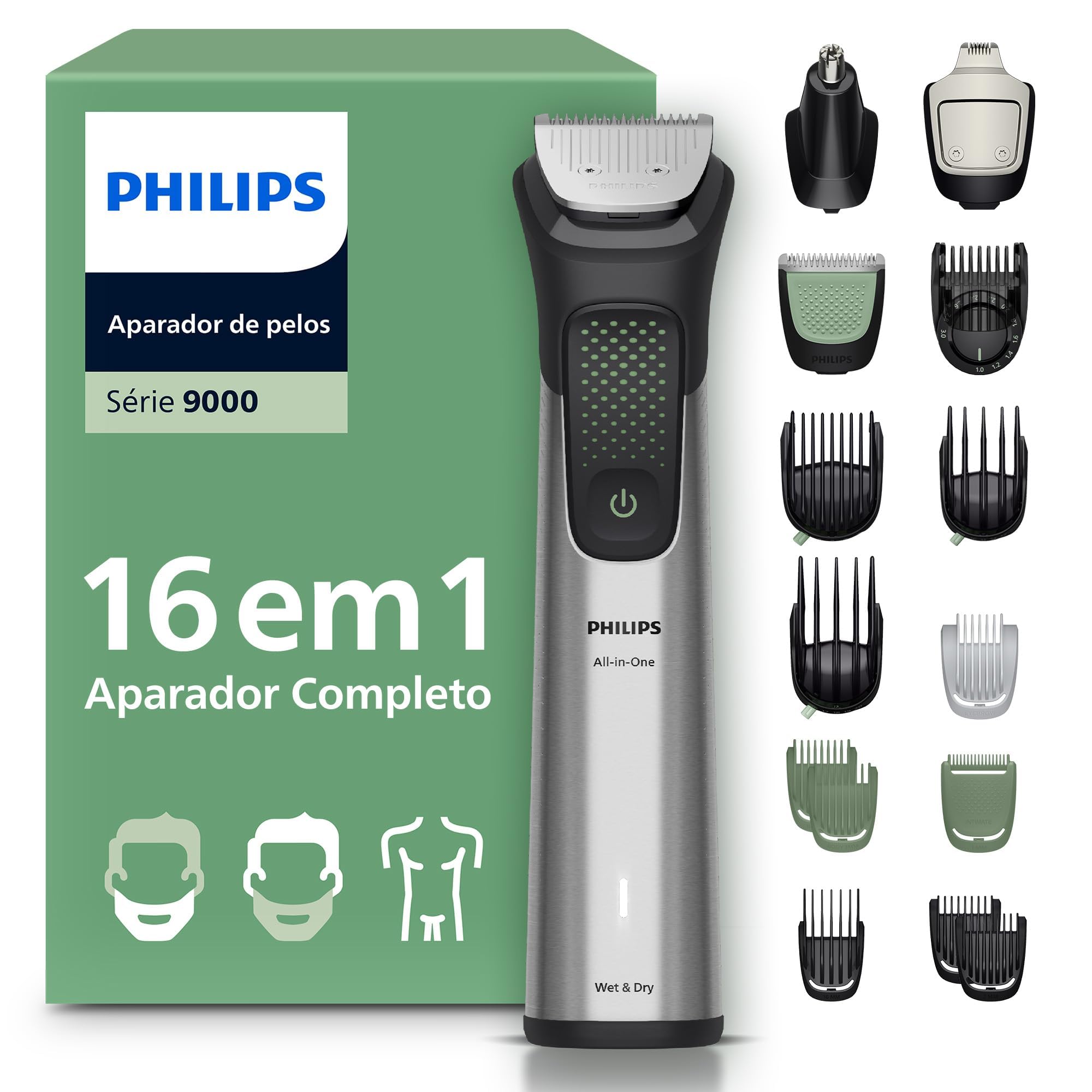 Philips Aparador e Barbeador Elétrico Série 9000 All-in-One 16 em 1 Premium | Versatilidade para cuidar do visual completo | Rosto, cabelo e corpo | 120 min sem fio | 100% À prova d'agua | MG9532/15