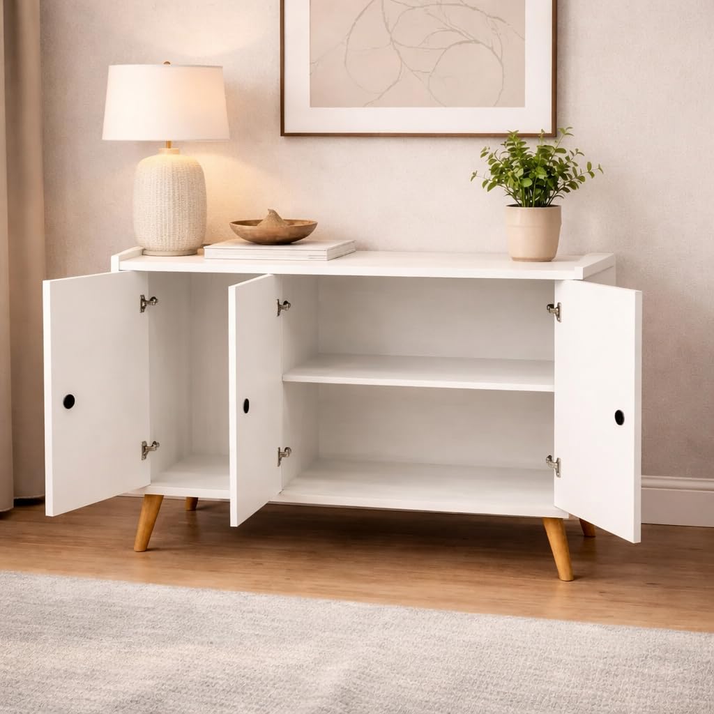 Aparador de Sala de 3 Portas com Espaço Interno Inteligente Armario Cozinha de Chão (Branco)