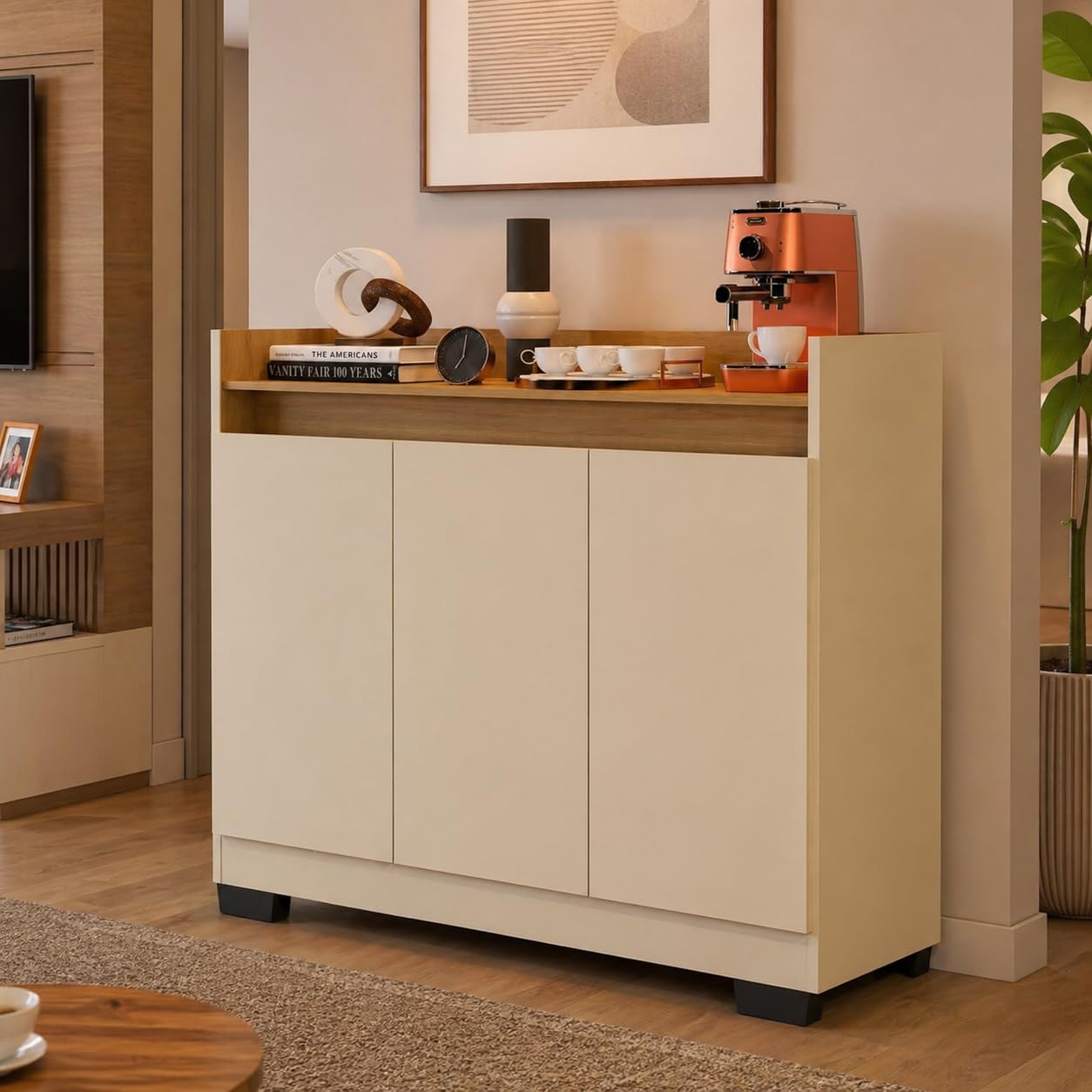 Crippa Lojas Aparador Buffet Pequeno Retrô Cantinho Café Decoração Sala Escritório Cozinha Recepção New Simples (Off White/Nature)