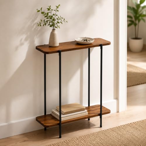 Aparador Industrial Estreito com 2 Prateleiras 75 x 50 x 19 cm | Estrutura em ferro tubular e madeira pinus, com 2 prateleiras e profundidade de 19 cm para espaços compactos