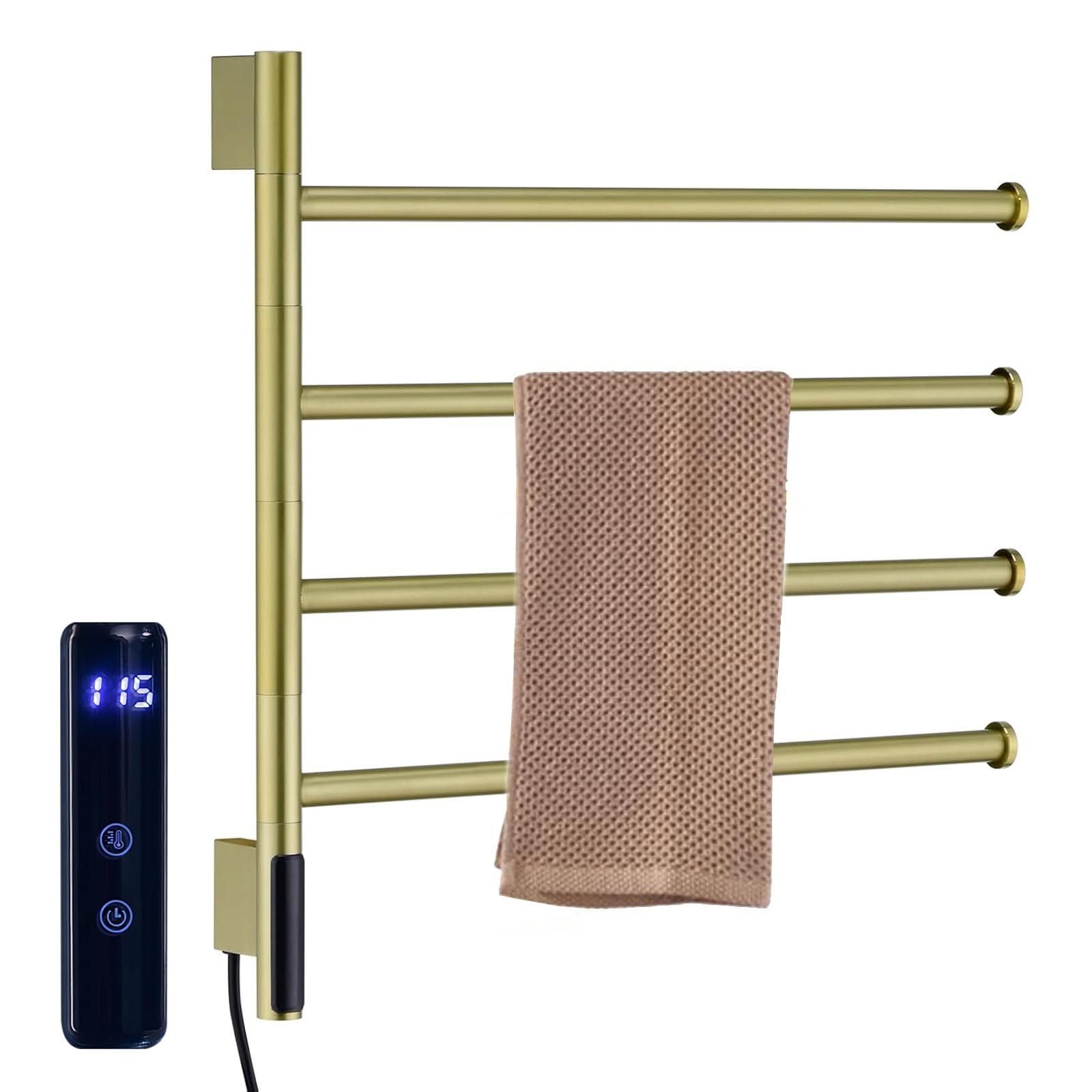 Aquecedor De Toalhas Para Banheiro |Montado Na Parede Toalheiro Aquecido AçO InoxidáVel 4 Barras-Temporizador Led 1 A 24 Horas/Temperatura AjustáVel45-70°C,Secagem EléTrico GiratóRio,Gold220V