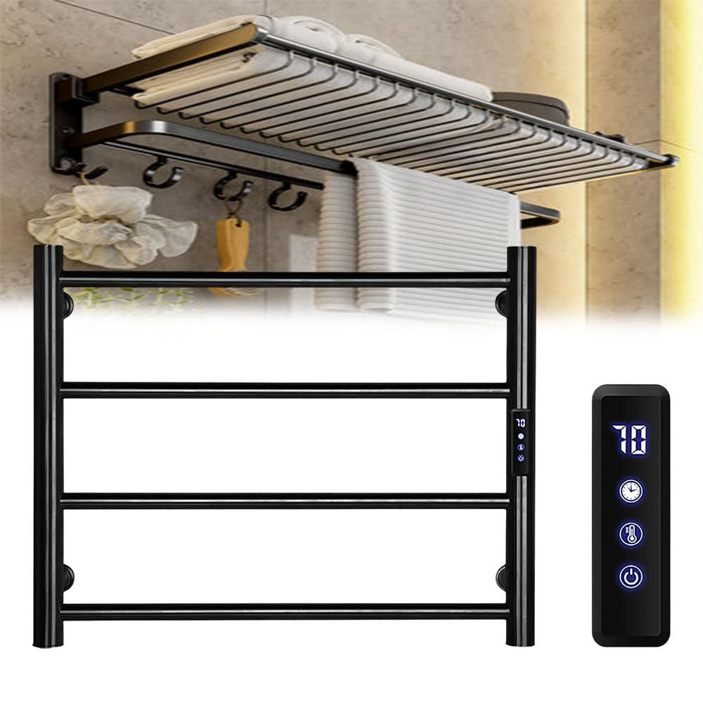 Aquecedor de Toalhas 48W, Aquecedor de Toalhas Elétrico de Aço Inoxidável 304 com 4 Barras Aquecidas Montado na Parede para Casa de Banho Ouro 450×540×120mm,Black