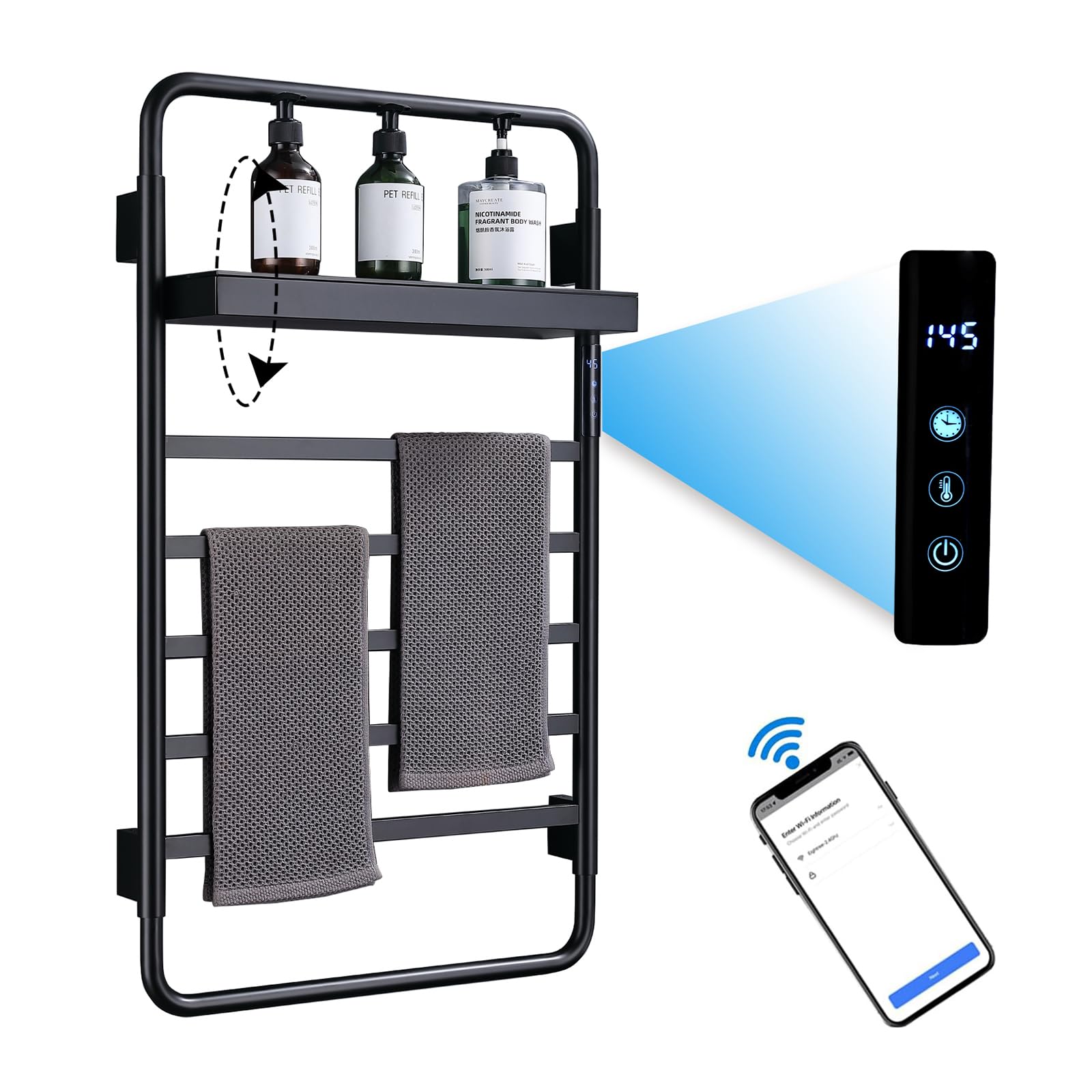 Aquecedor de toalhas preto inteligente WiFi toalheiro aquecido controle de voz com rack de armazenamento dobrável temporizador integrado, 45 °C—70 °C, 5 barras toalheiro 65 W toalheiro elétrico quente