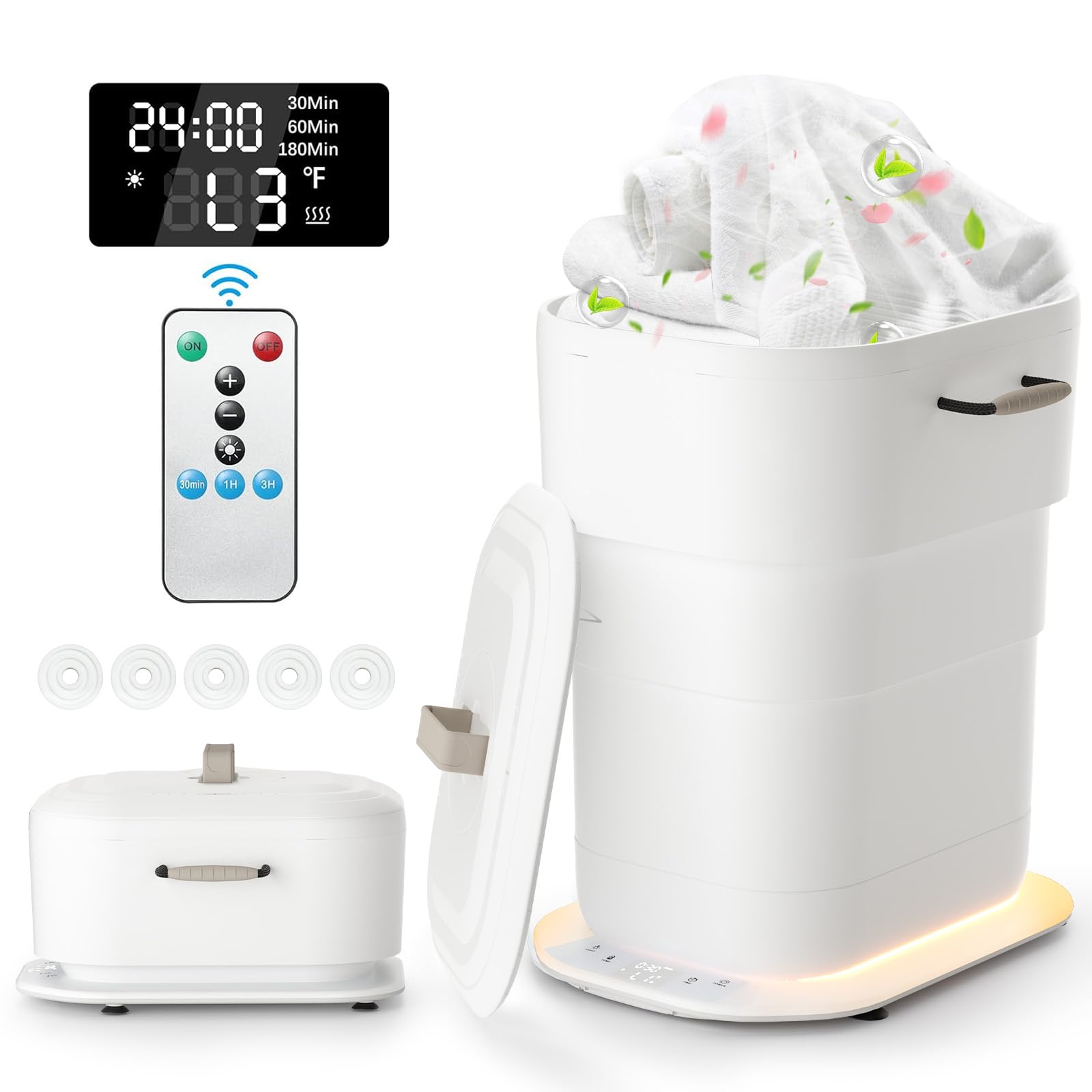 Aquecedor de Toalhas Dobrável 27L, Balde de Aquecedores de Toalhas Retrátil Portátil, Configuração de Tempo e Desligamento Automático, 3 Níveis de Calor com Iluminação, Aquece Toalhas/Roupões