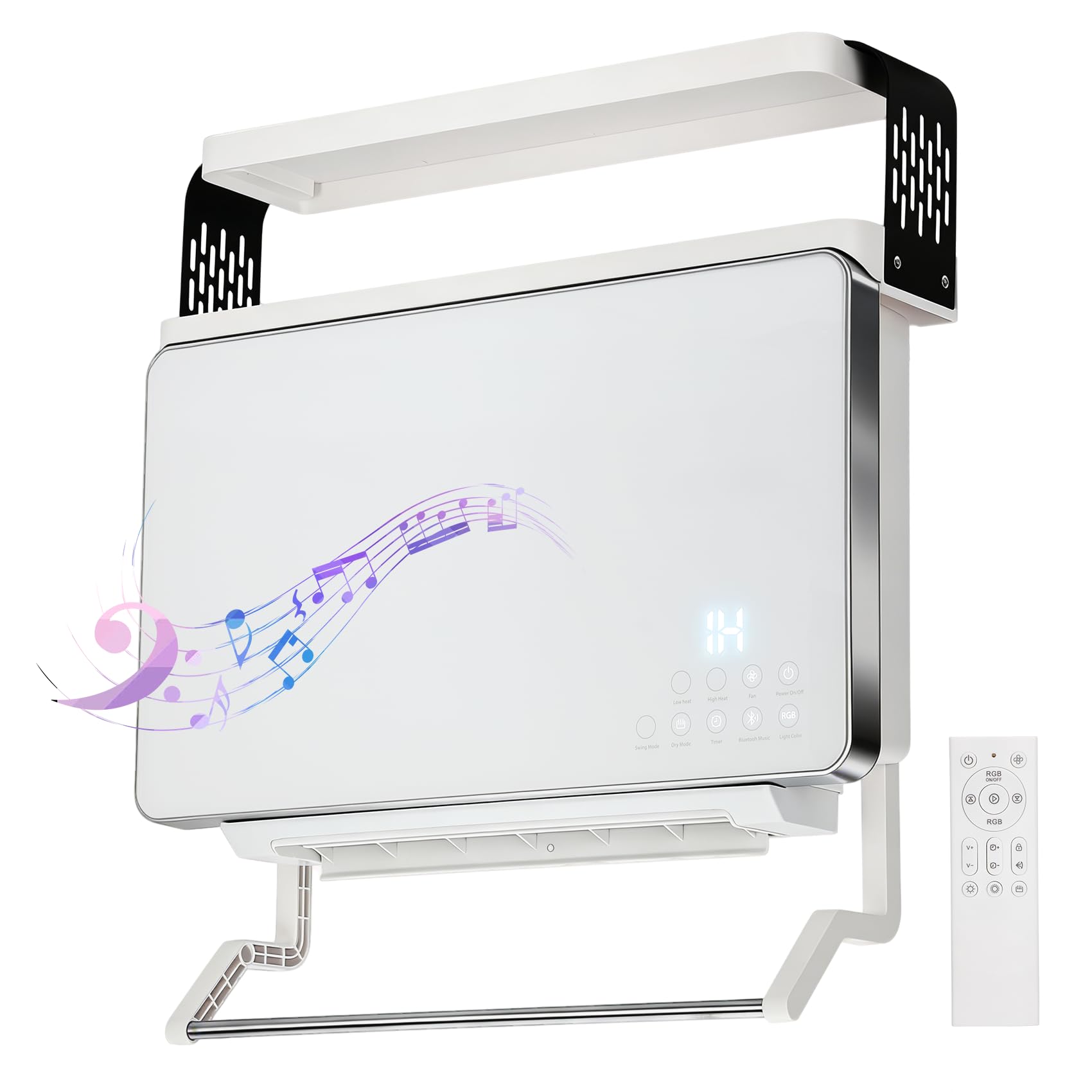 Aquecedor de banheiro inteligente de 1800 W, aquecedor de parede para uso interno com aquecedor de toalhas, aquecedor de parede com 3 modos de aquecimento, controle remoto, alto-falante Bluetooth