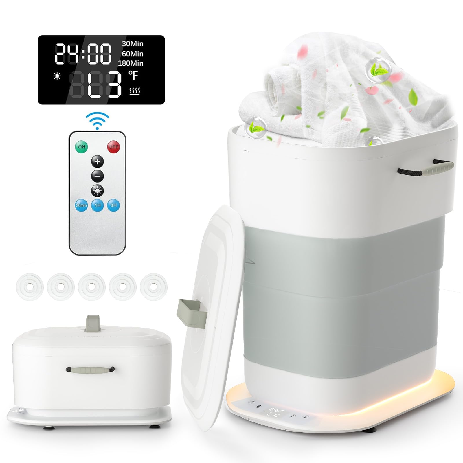 Aquecedor de toalha dobrável 27L, balde de aquecedor de toalhas portátil retrátil, ajuste de tempo e desligamento automático, 3 níveis de calor com iluminação, aquece toalhas/roupões/cobertores