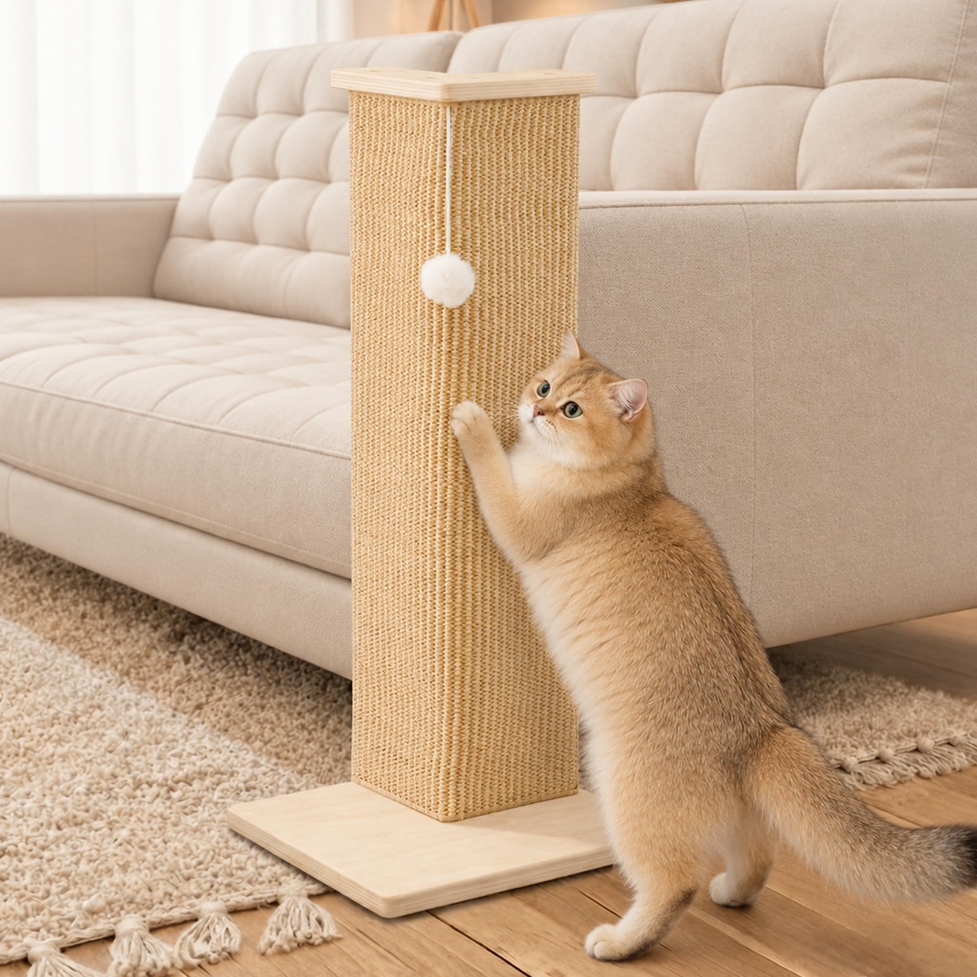 Meeyoview Arranhador de canto para gatos, poste de sisal para arranhar o canto do sofá, protetor de parede e móveis, base de madeira estável com bola pendurada