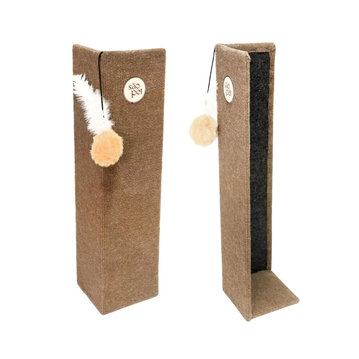 Sao Pet Arranhador de Canto para Gato São Pet, Protetor de Sofá e Móveis, Carpete Resistente, com Brinquedo Pena e Bolinha, 55x14x14cm, Marrom