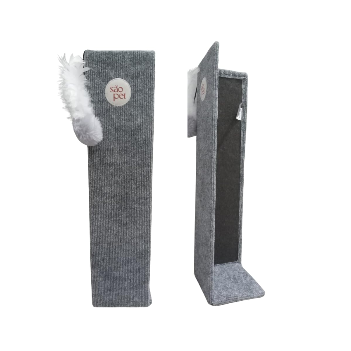 Sao Pet Arranhador de Canto para Gato São Pet, Protetor de Sofá e Móveis, Carpete Resistente, com Brinquedo Pena e Bolinha, 55x14x14cm, Cinza
