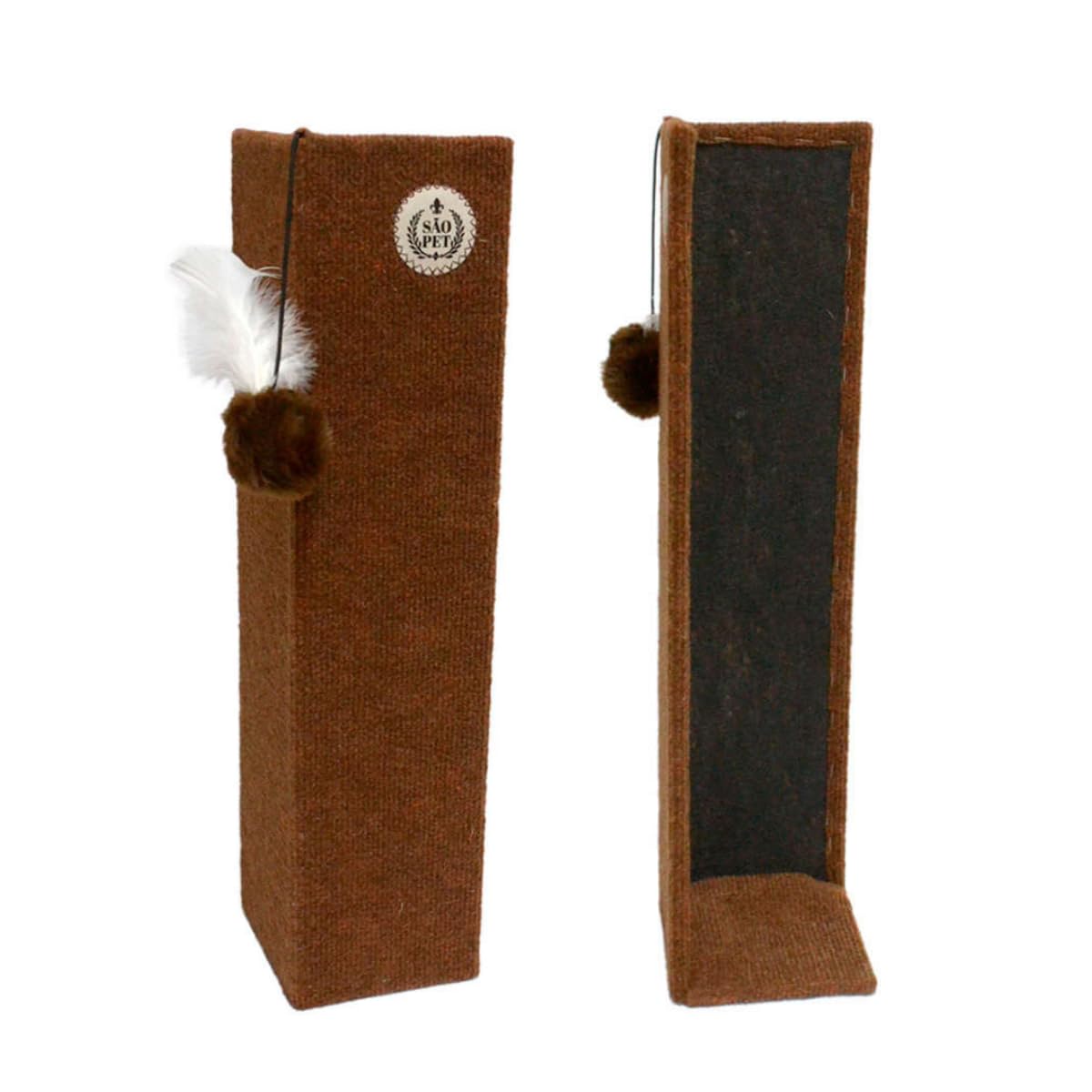 Sao Pet Arranhador de Canto para Gato São Pet, Protetor de Sofá e Móveis, Carpete Resistente, com Brinquedo Pena e Bolinha, 55x14x14cm, Marrom Escuro