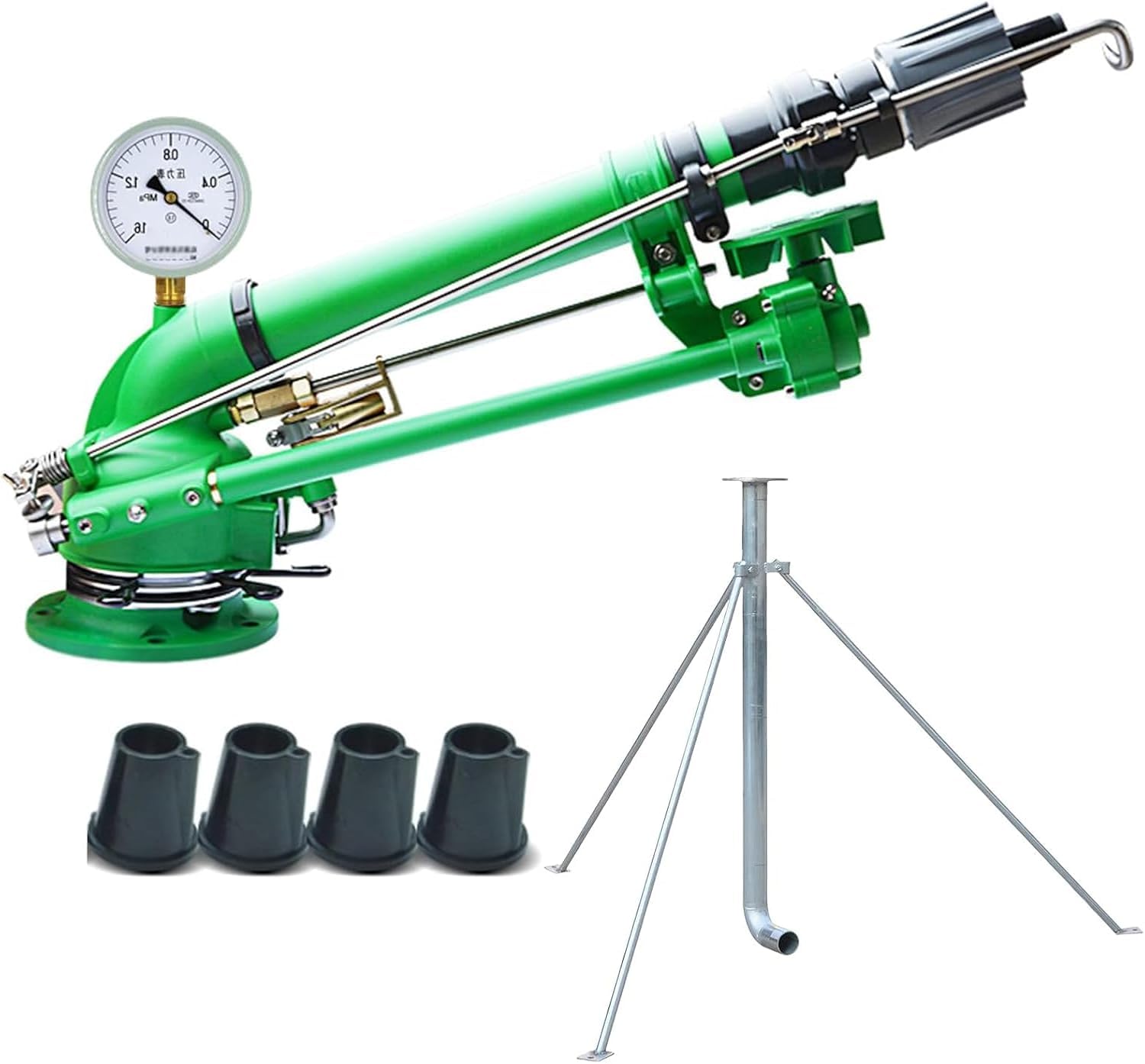 Aspersor De Impulso De 2" Com Manômetro, Aspersor Para Irrigação Agrícola Com Base Tripé, Ângulo De Elevação Ajustável De 0° A 45°, Rotação Automática De 360°, Para Irrigação De Grandes