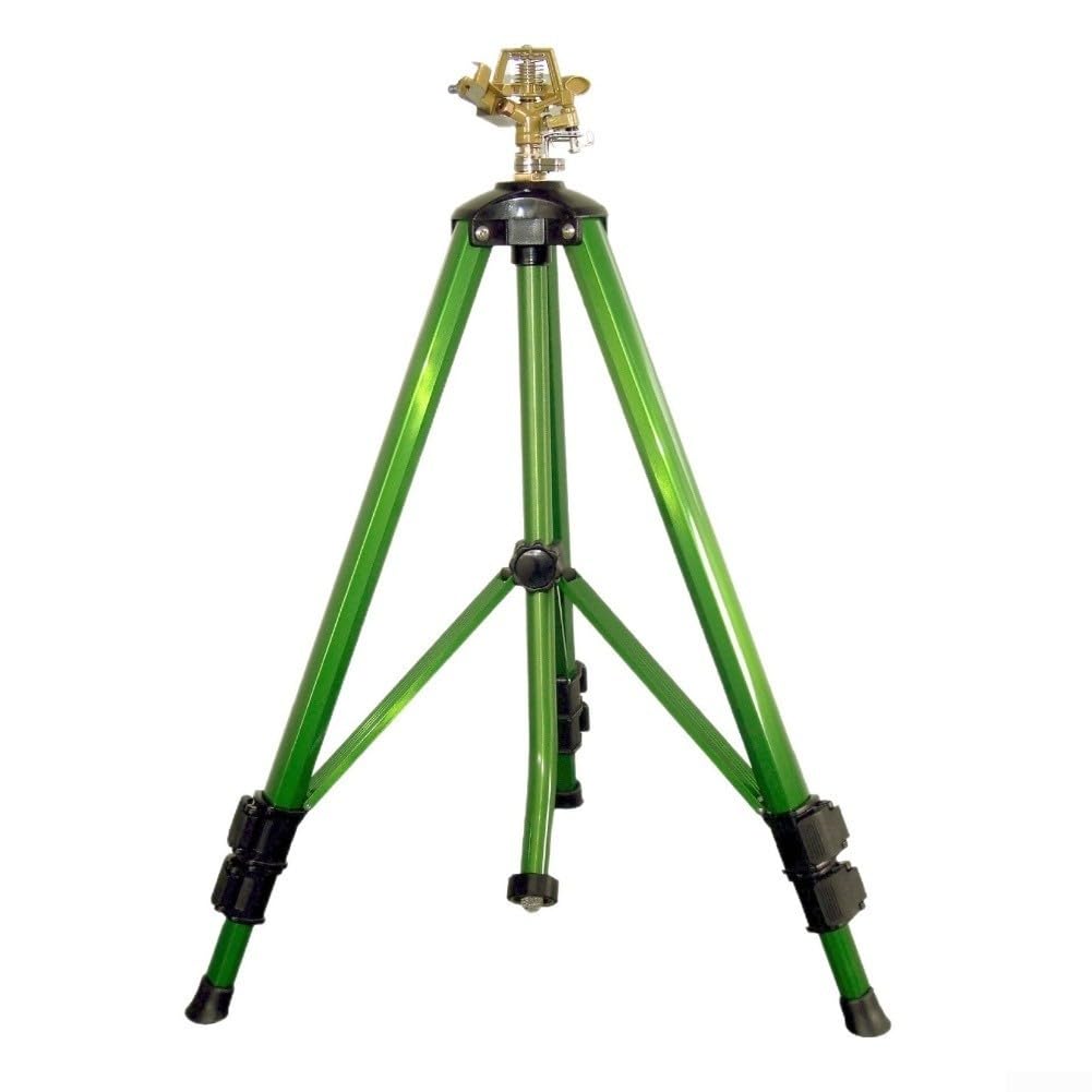 Aspersor de jardim de liga de alumínio, com base de tripé, ajustável | Altura 50-105 cm, cabeça de rotação de 360 graus, para irrigação de gramado de grande área e sistema de irrigação, verde