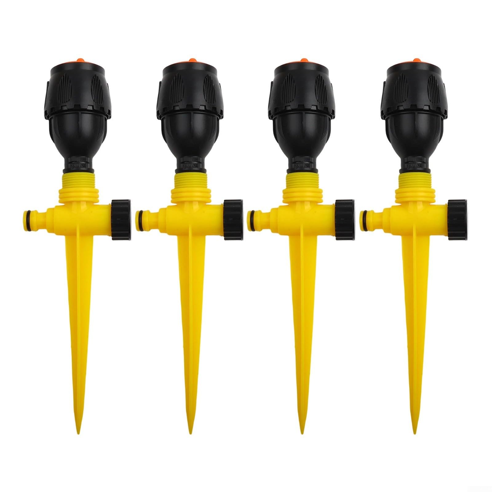 Pacote com 4 aspersores de jardim rotativos de 360° ABS à prova de | Conectores flexíveis permitem ligação para maior cobertura. Inserção no solo para estabilidade. A rotação de 360 graus