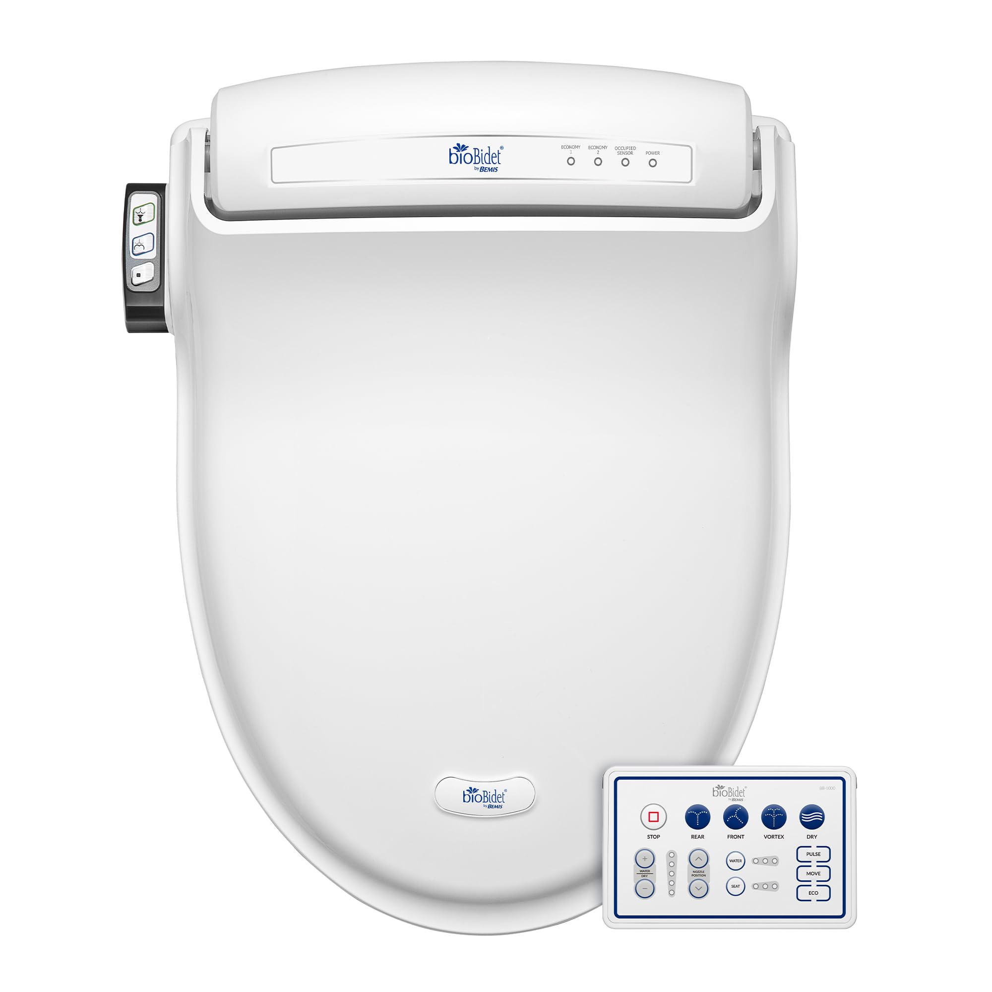 Bio Bidet Assento sanitário para bidê elétrico BB1000, água morna com secador de ar, assento aquecido com tampa de fechamento lento, controle remoto, branco alongado