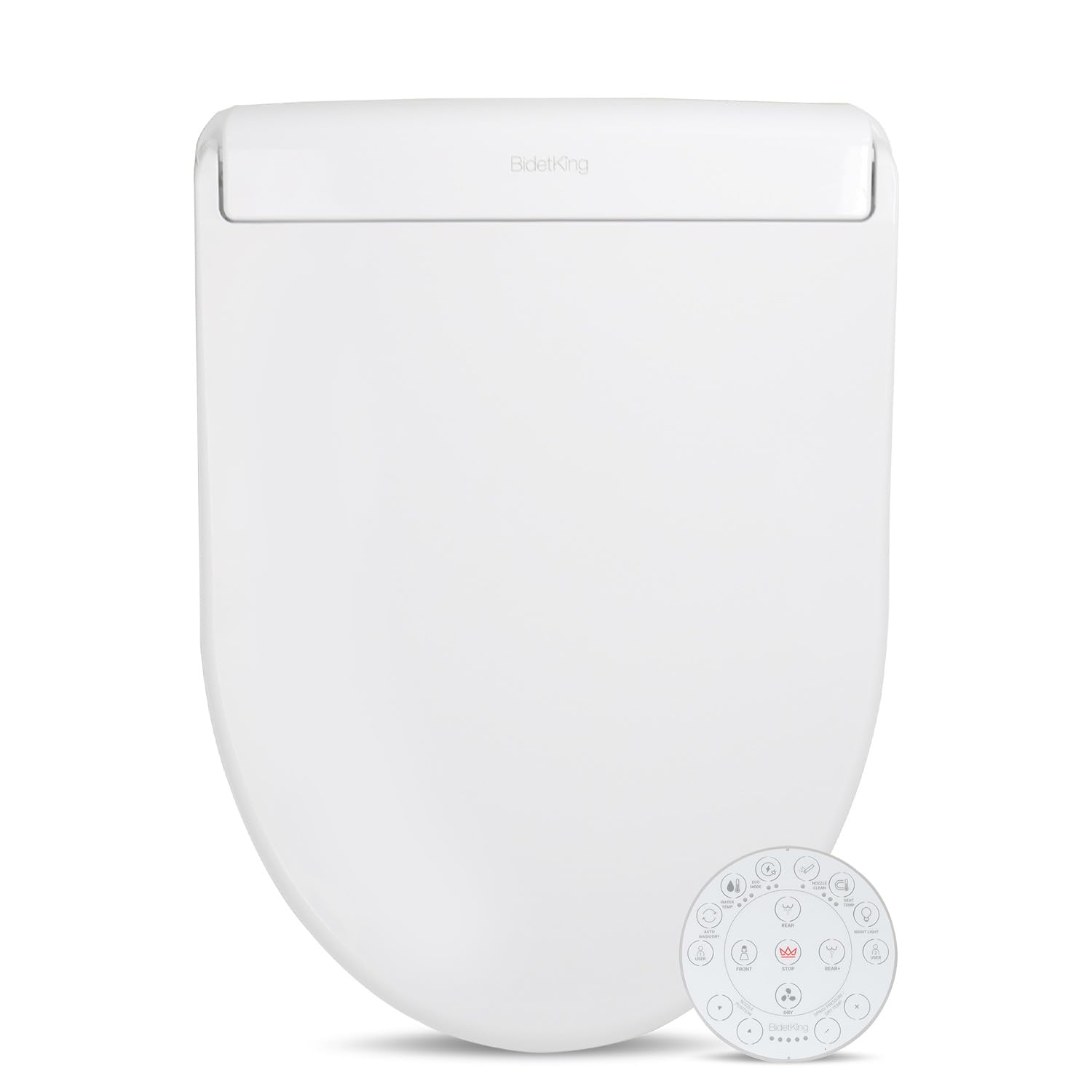 BidetKing Assento sanitário de bidê alongado coroa, água morna infinita, spray forte, controle remoto retroiluminado, LED multicolorido, bocal de aço inoxidável, tampa sentável, garantia de 3 anos