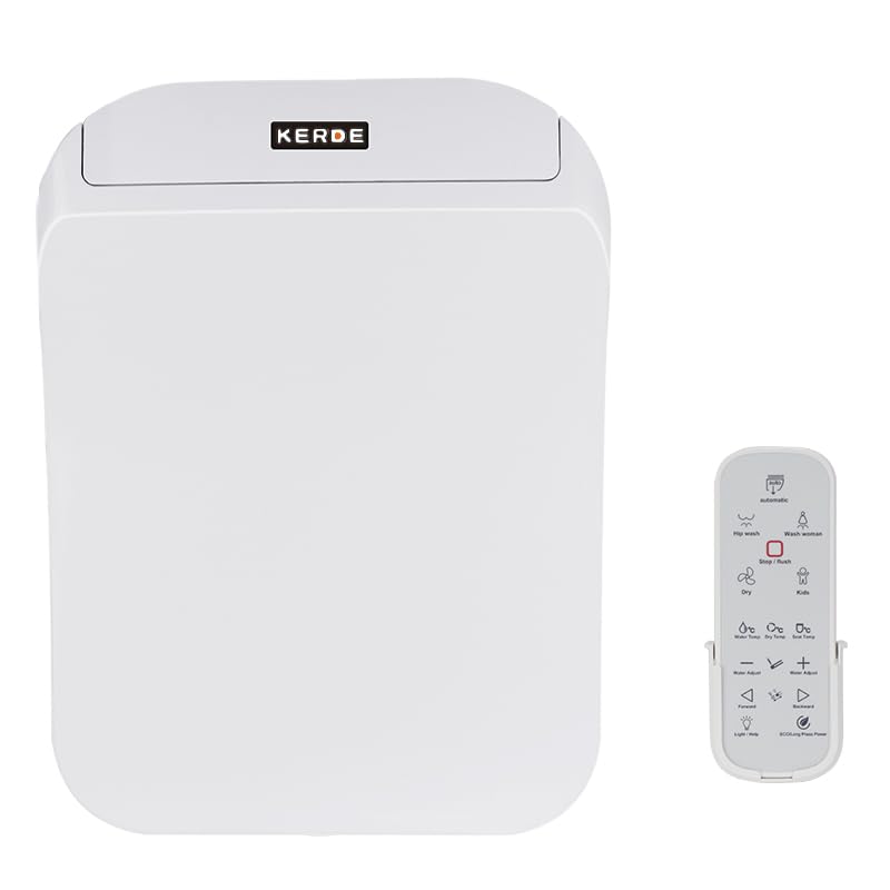 KERDE Assento sanitário de bidê elétrico 08A, controle remoto, limpeza com água quente, assento aquecido, configurações de temperatura ajustáveis, massagem com bocal móvel, branco, luz noturna, bidês