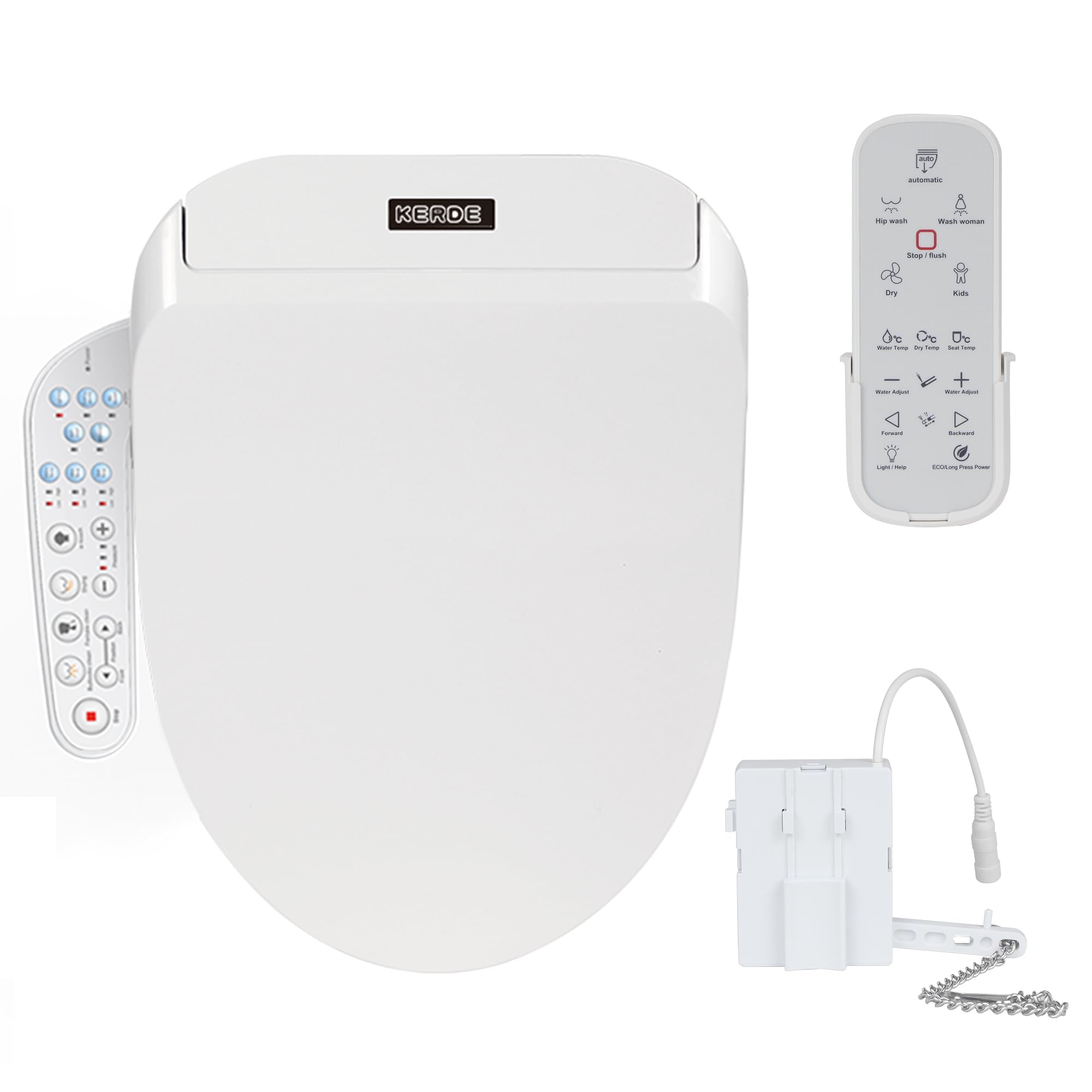 KERDE Assento sanitário de bidê elétrico P30A com descarga automática e controle duplo (controle remoto + painel) – assento aquecido, lavagem com água morna, bocal autolimpante, ajuste universal para