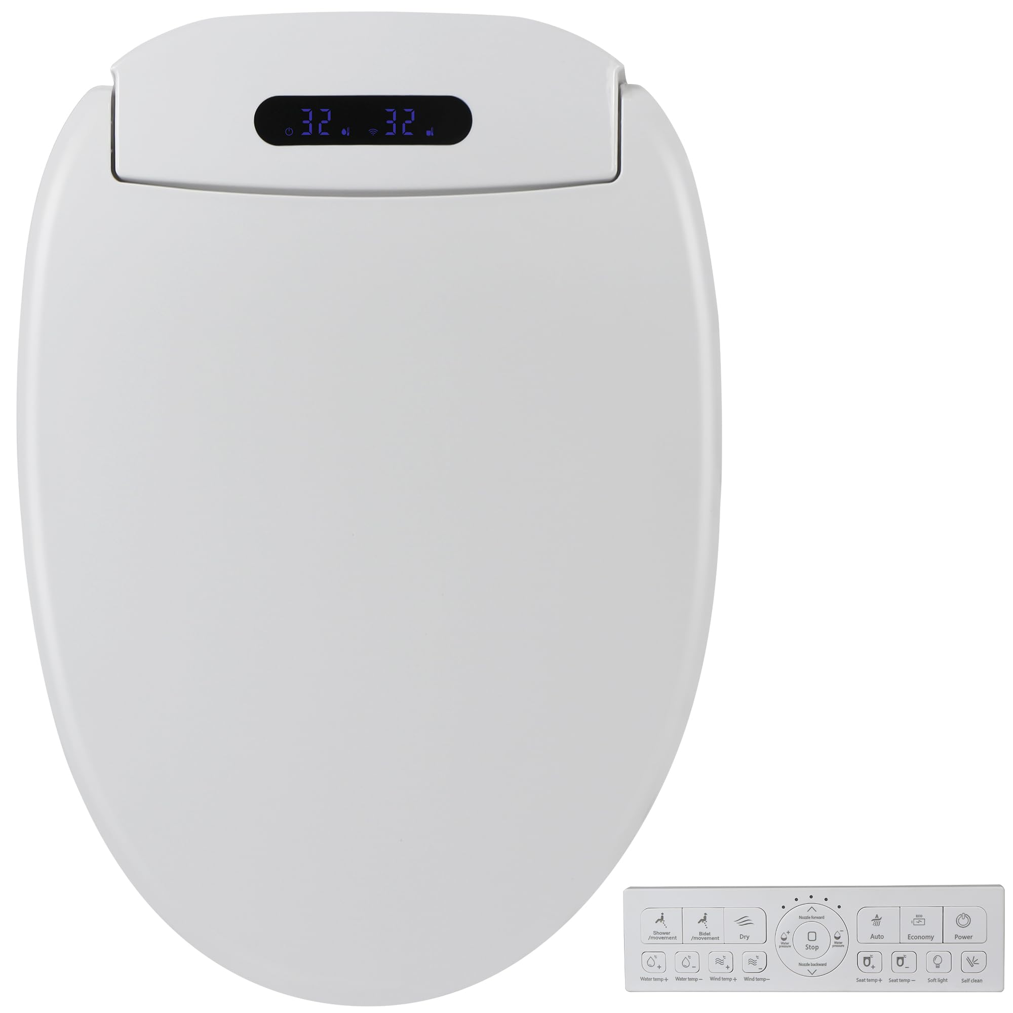 KERDE 08 Assento sanitário bidê, branco, água morna infinita, lavagem traseira e frontal, luz de LED, operação silenciosa, controle remoto sem fio, alongado com 1 clique, bidês para banheiros