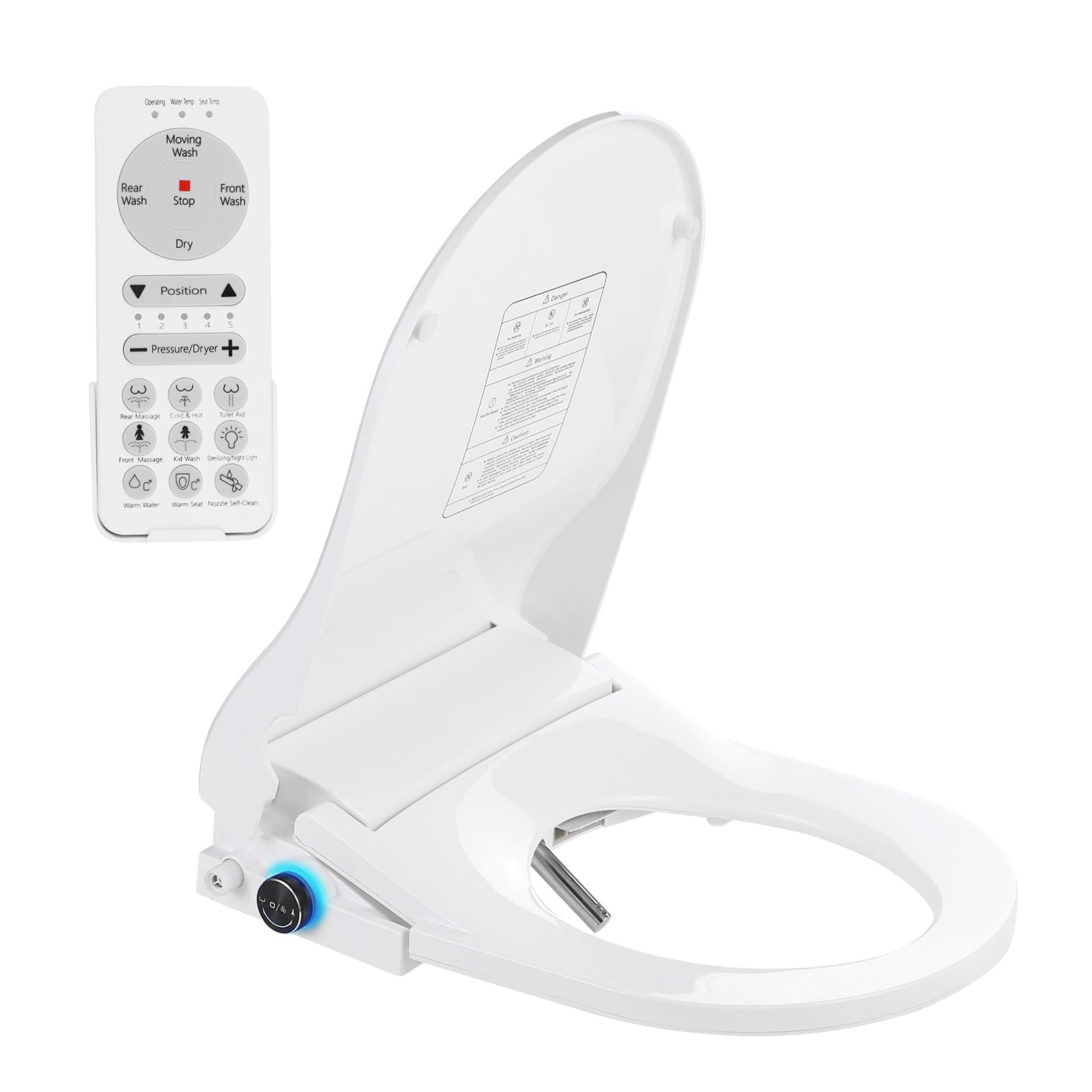 Assento sanitário redondo para bidê elétrico, assento aquecido de baixa tensão de 24 V, lavagem instantânea com água quente e secador de ar quente, bocal autolimpante, controle remoto, tampa de