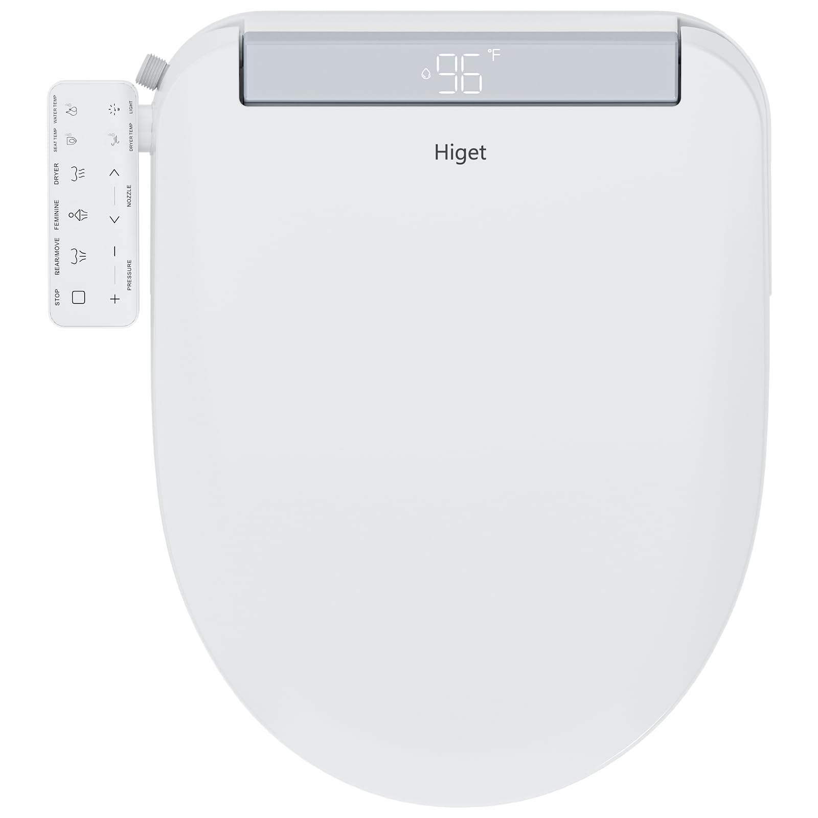 Assento sanitário elétrico aquecido para bidê de luxo alongado com lavagem com água morna, secador de ar quente, tampa de fechamento suave, luz noturna, visor de LED, posição do bocal de memória